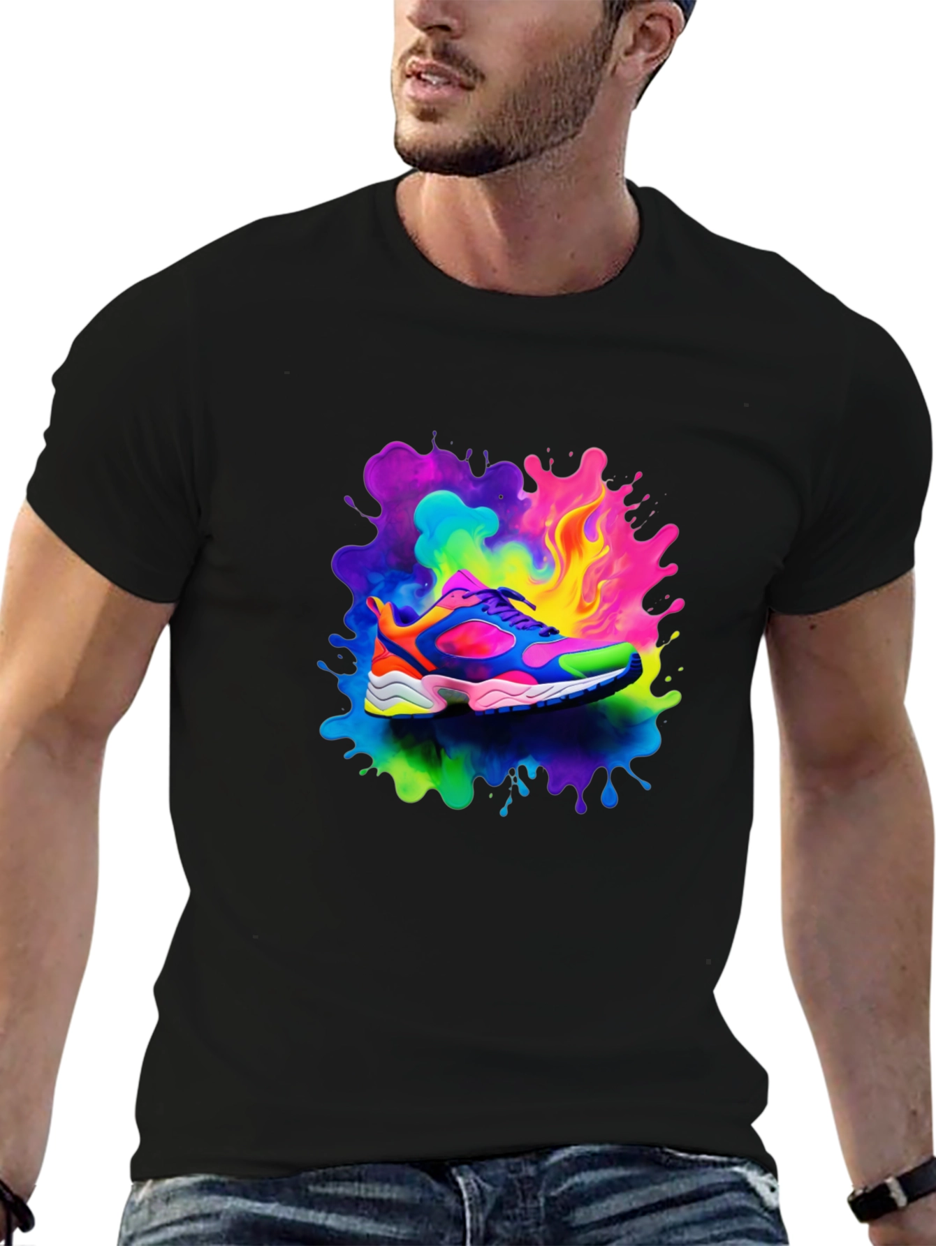 Black Men's Black T-Shirt with Colorful Shoe Design view 6