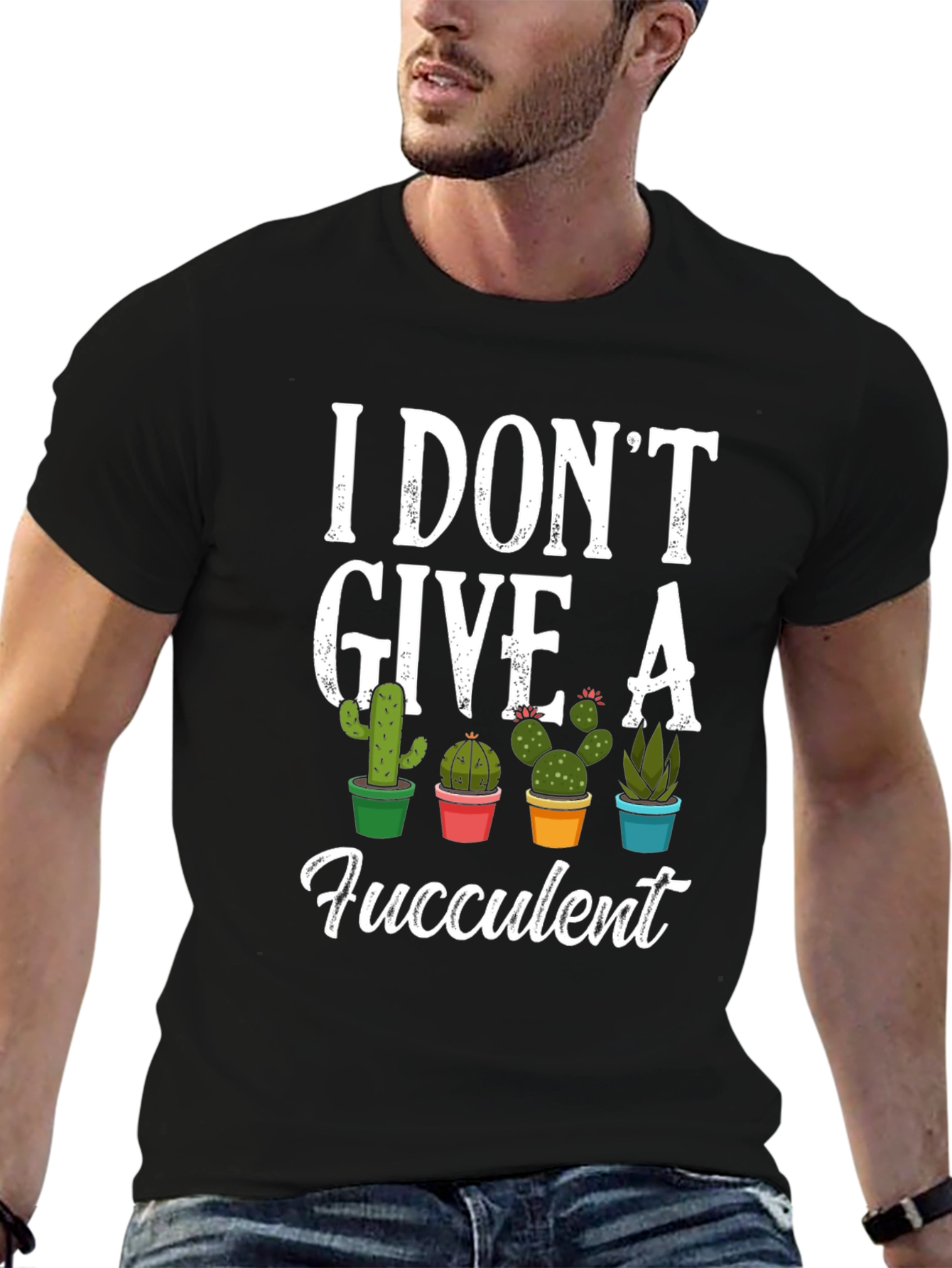 Black I Don't Give a Fucculent T-Shirt - Cactus Design view 6