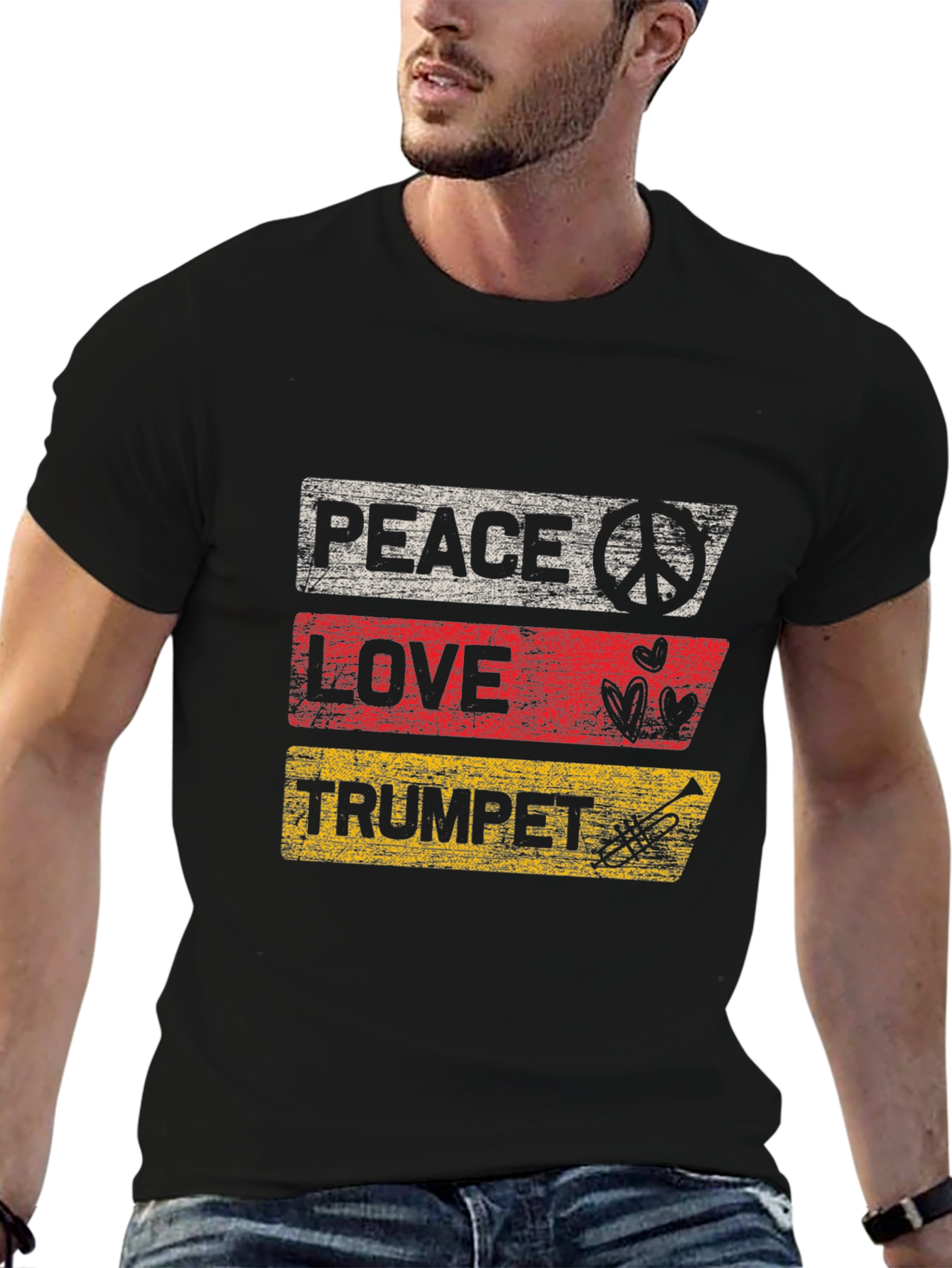 Black Peace Love Trumpet Black Graphic T-Shirt view 6