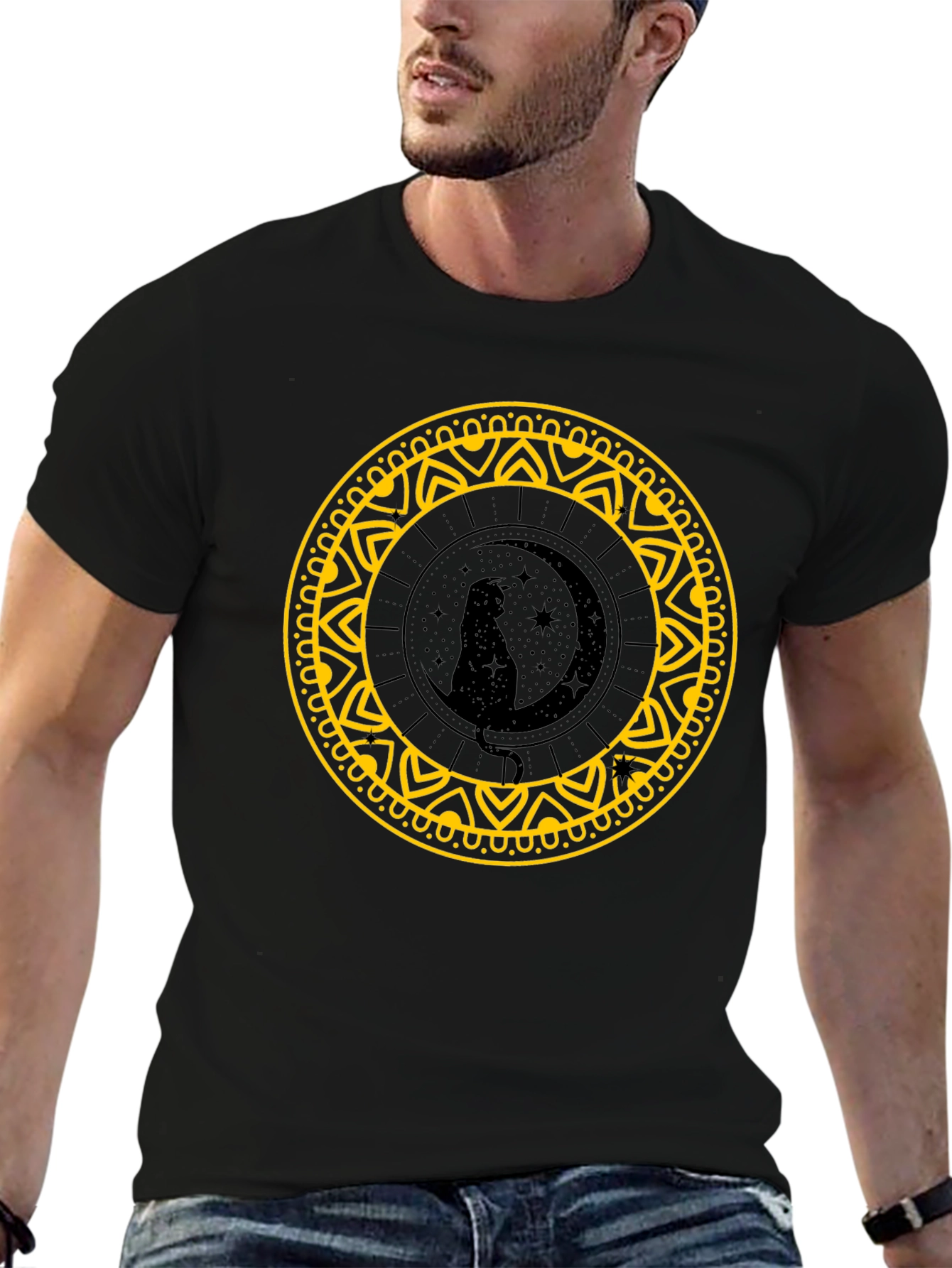 Black Cat Moon Mandala Black T-Shirt view 6