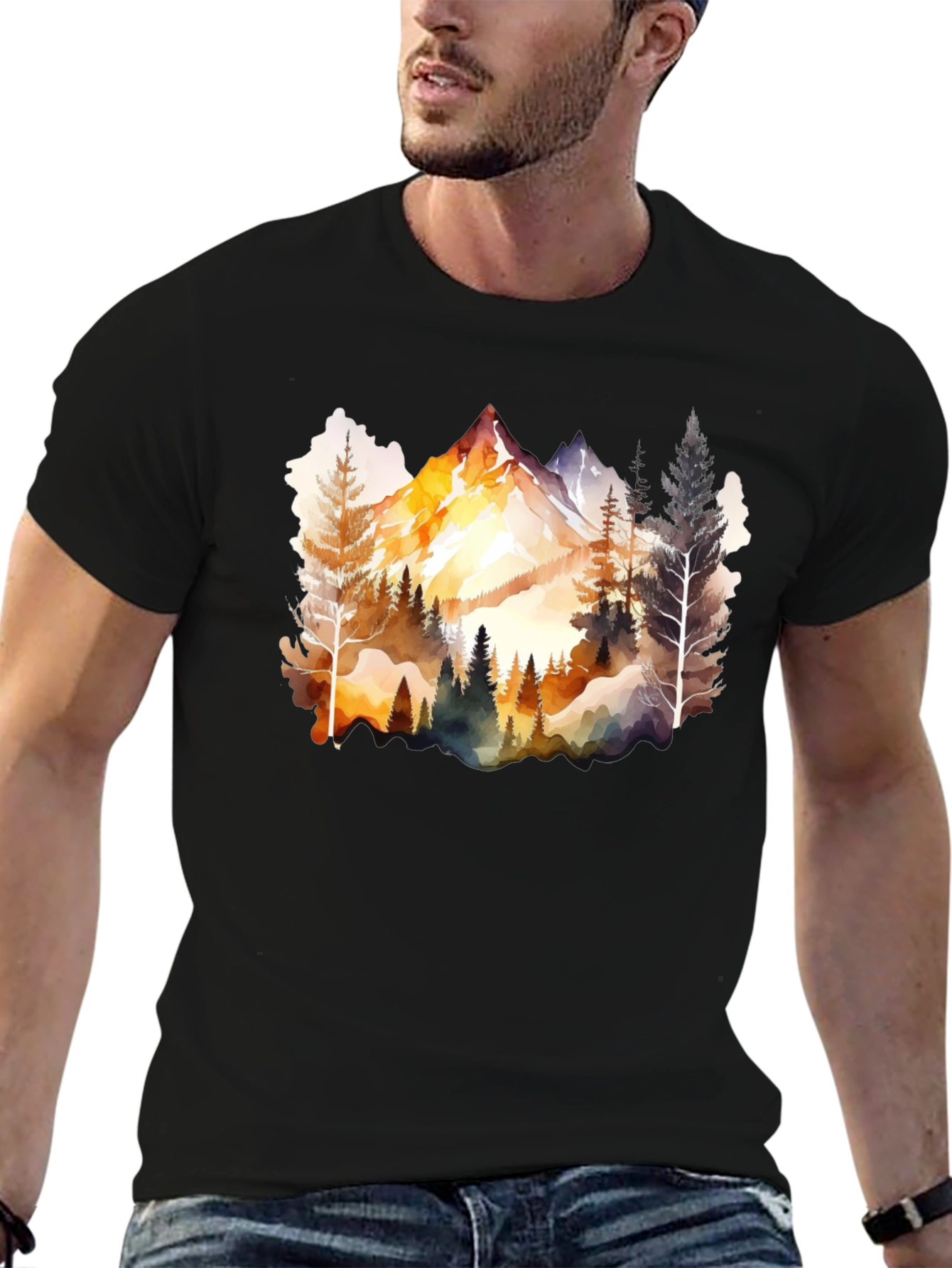 Black Watercolor Mountain & Forest Graphic Tee - Black view 6