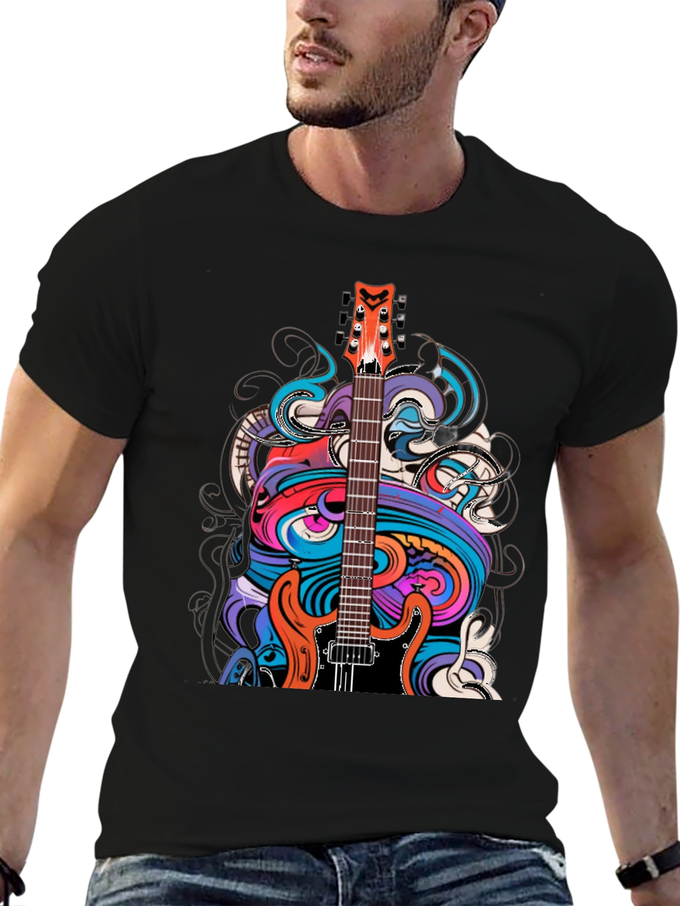 Black Electric Guitar Art T-Shirt - Rock Band Tee view 6