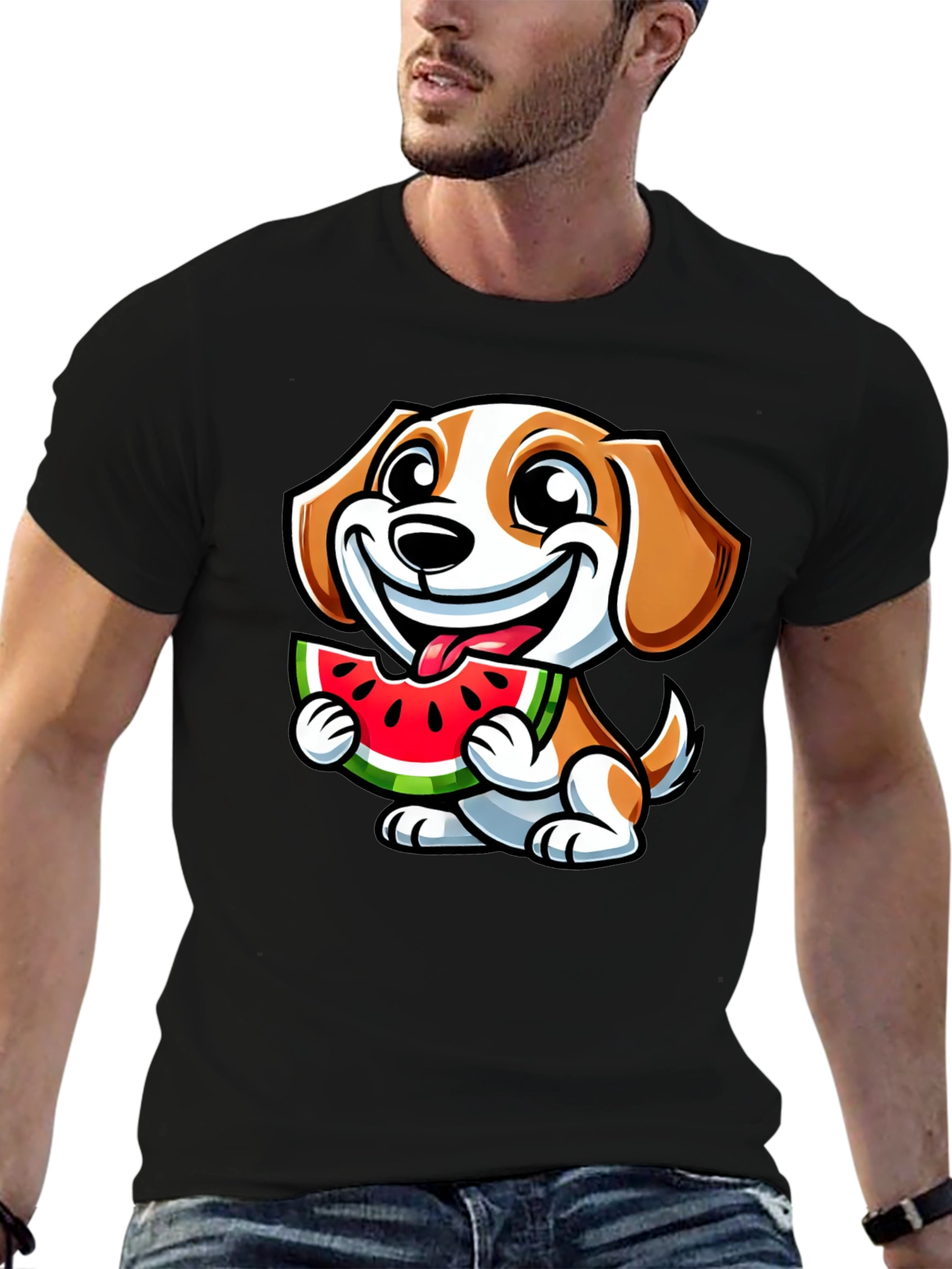 Black Cute Dog Eating Watermelon Black T-Shirt view 6