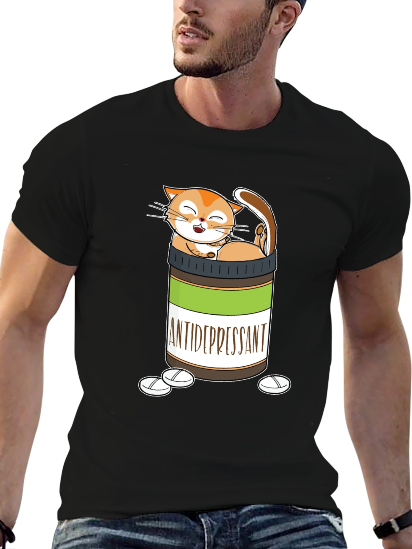 Black Funny Cat Antidepressant T-Shirt view 6