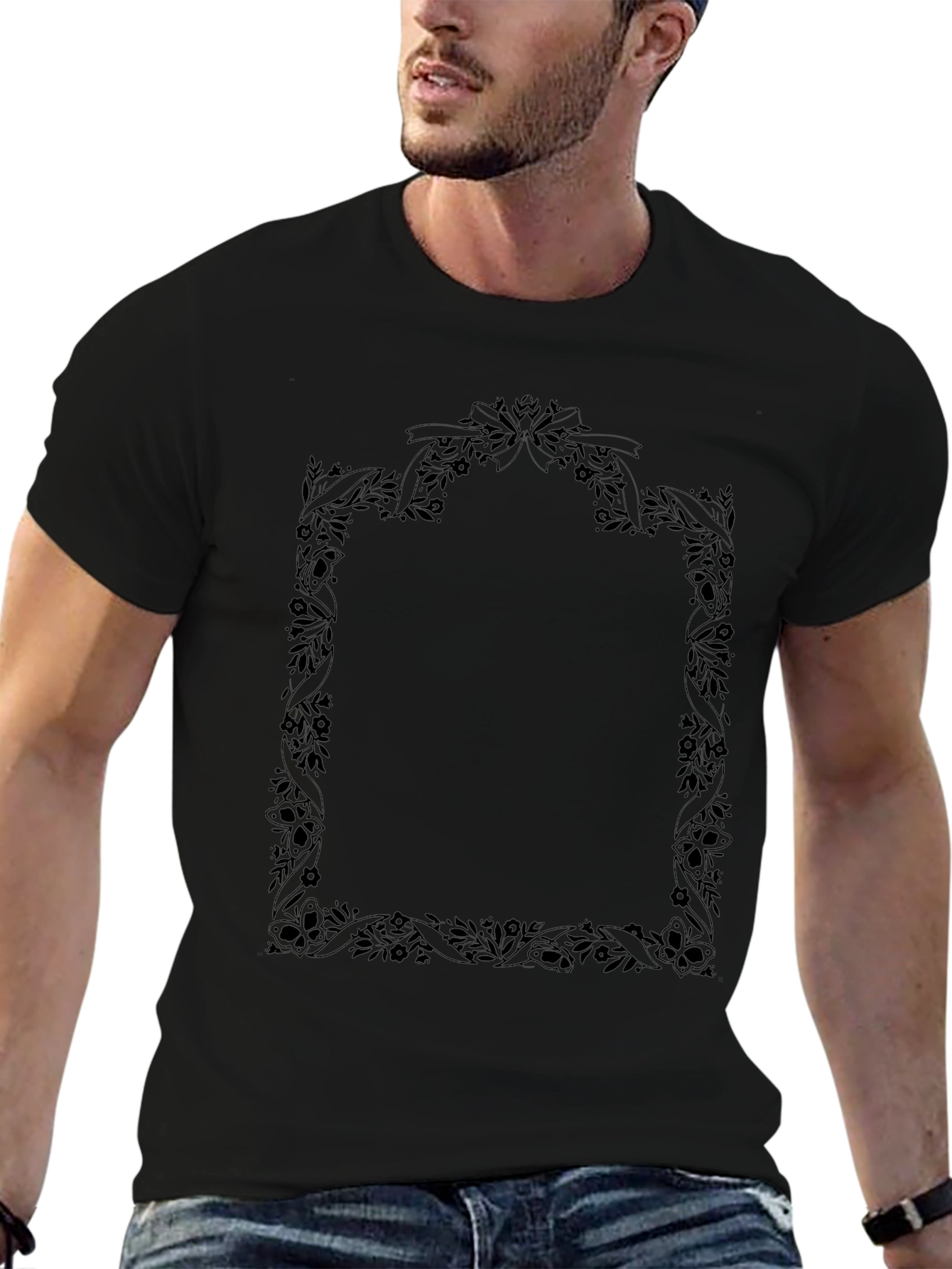 Black Floral Frame Black T-Shirt view 6