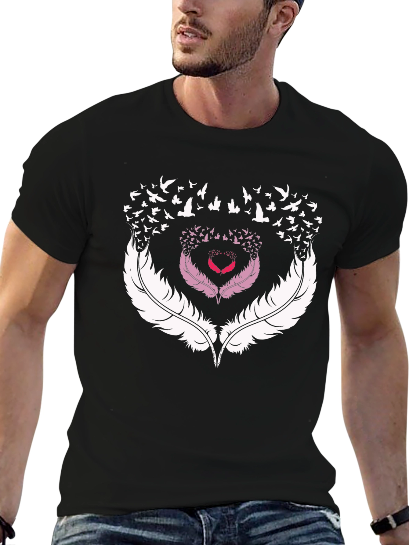 Black Feather Heart Bird T-Shirt view 6