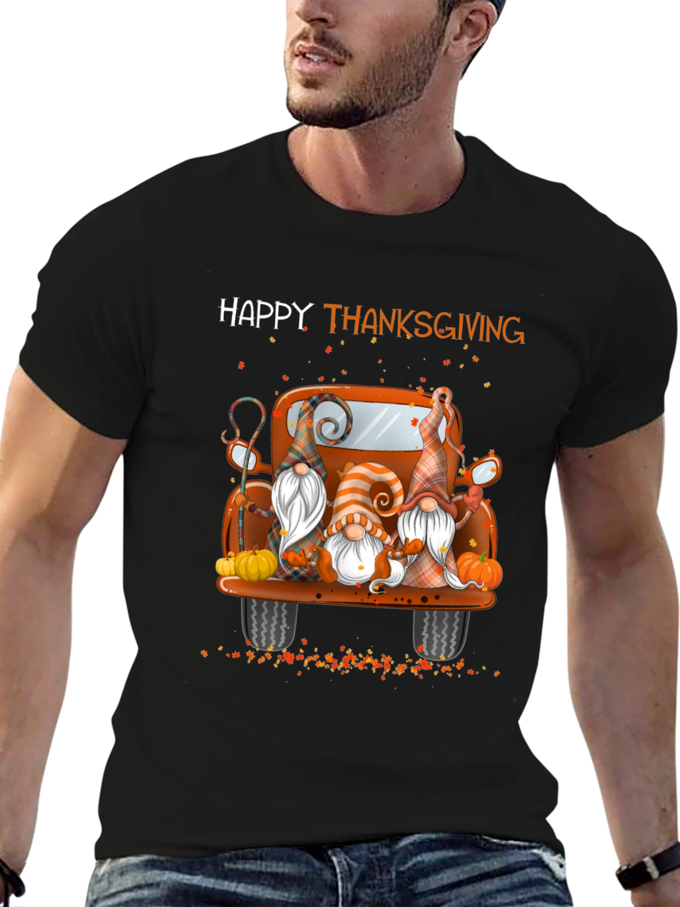 Black Happy Thanksgiving Gnomes Truck T-Shirt view 6