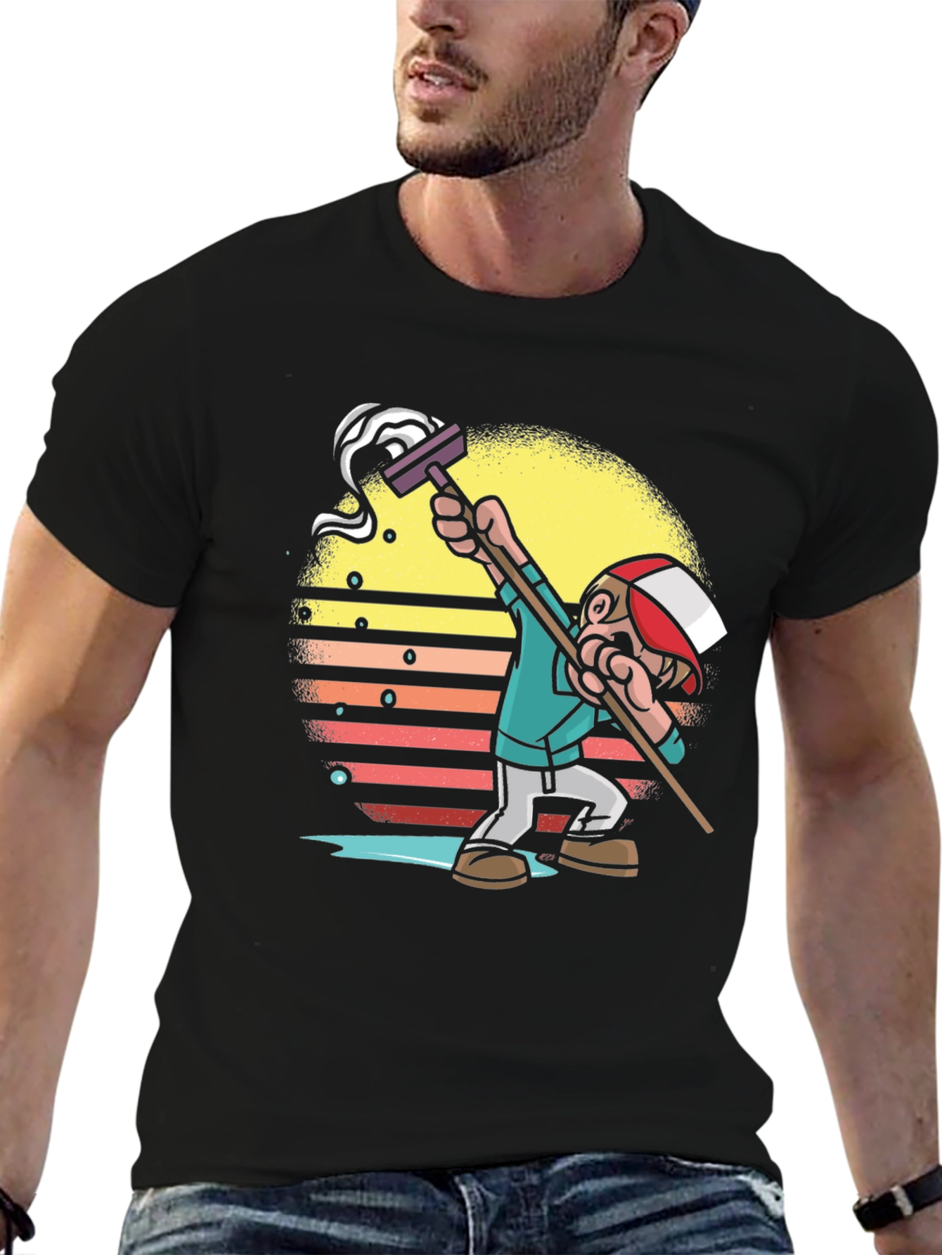 Black Retro Style Mop Cartoon Graphic T-Shirt view 6