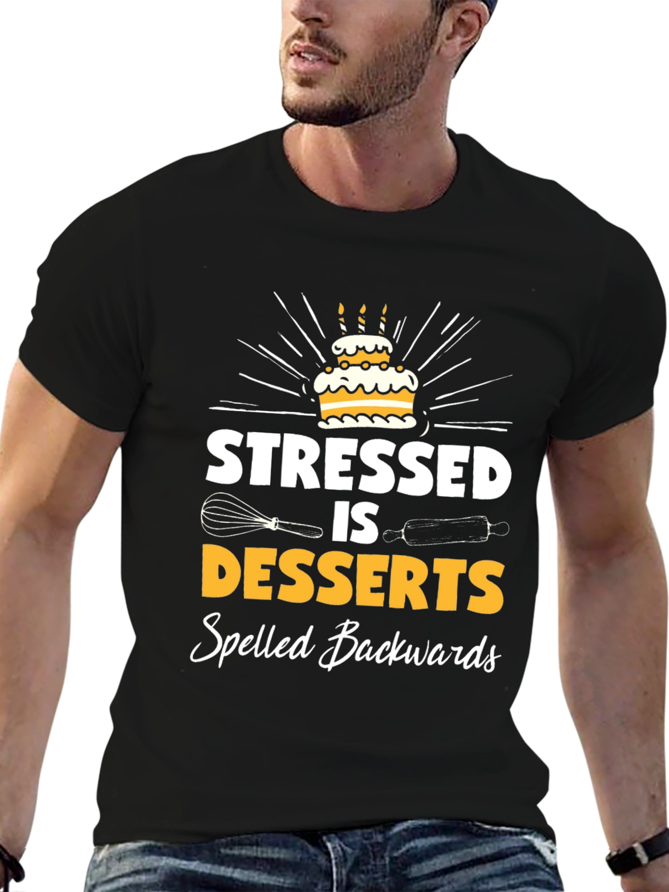 Black Stressed is Desserts Backwards Graphic Tee - Baker Humor Shirt view 6