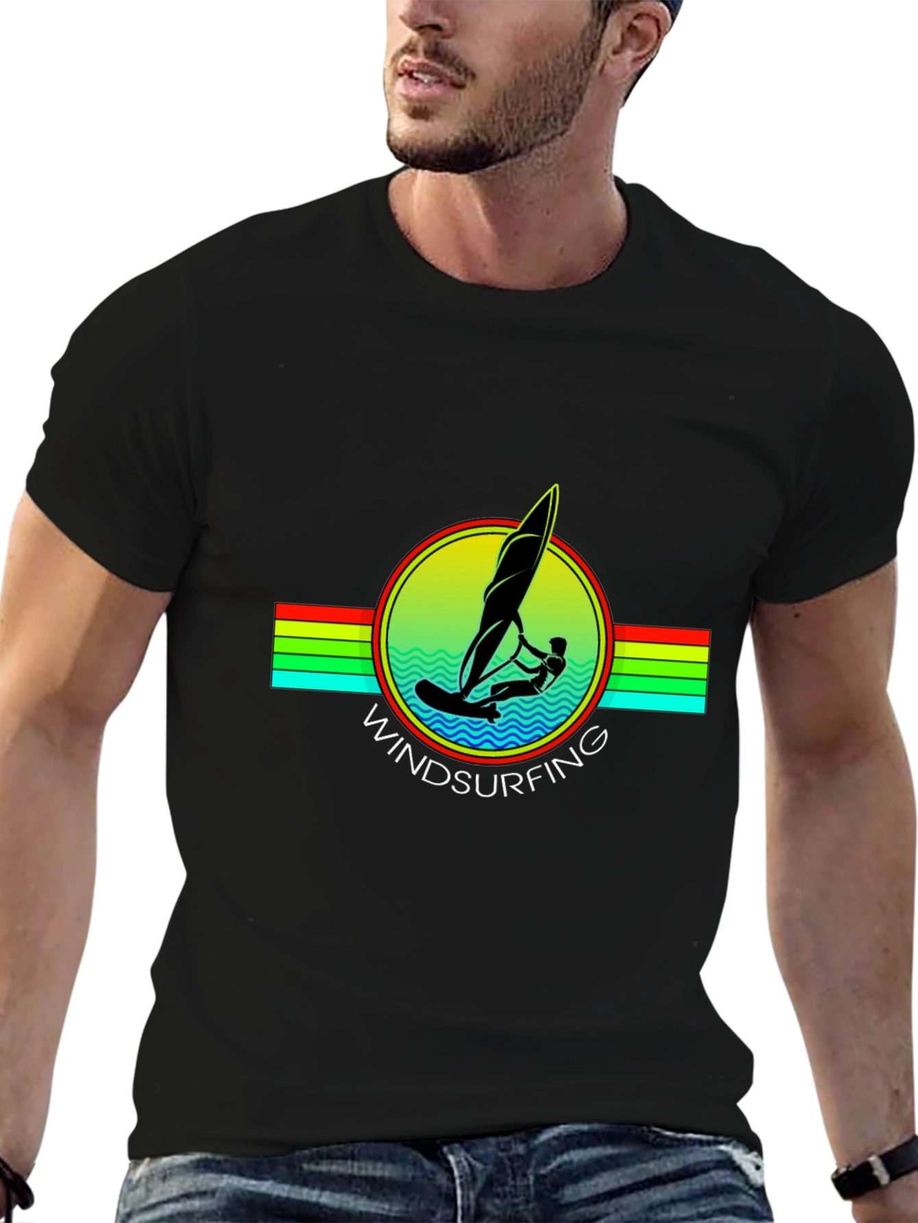 Black Windsurfing Graphic Tee - Black Cotton T-Shirt view 6