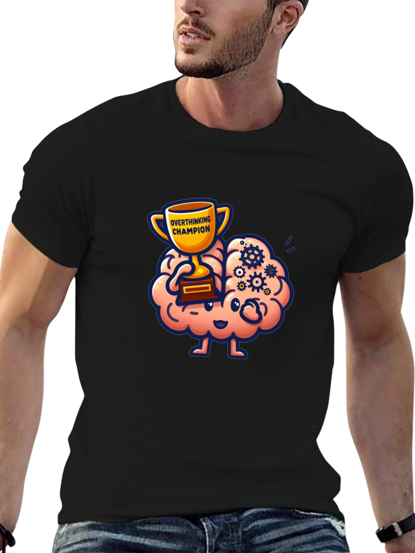 Black Overthinking Champion Graphic T-Shirt - Novelty Design view 6