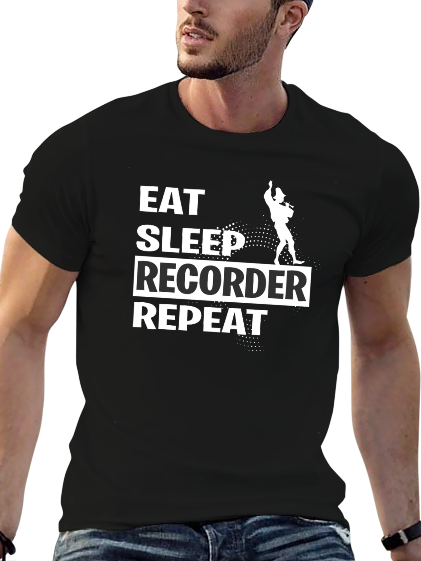 Black Eat Sleep Recorder Repeat Black T-Shirt view 6
