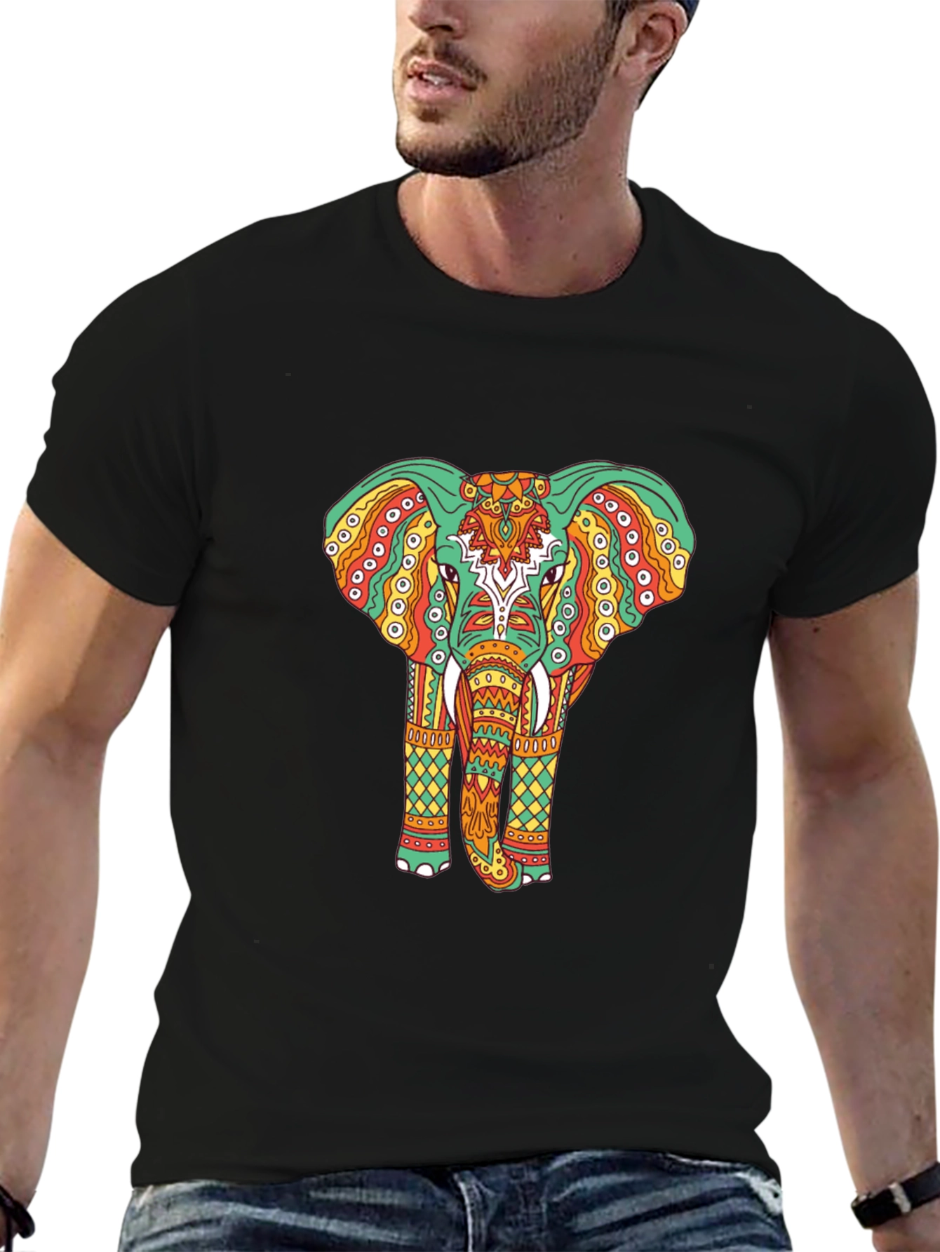 Black Elephant Graphic Tee - Bohemian Style Black T-Shirt view 6