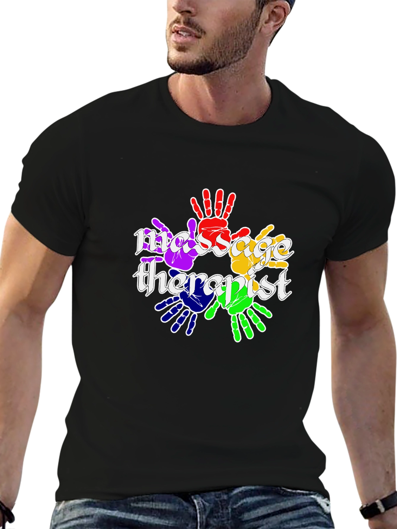 Black Massage Therapist Rainbow Handprint T-Shirt view 6