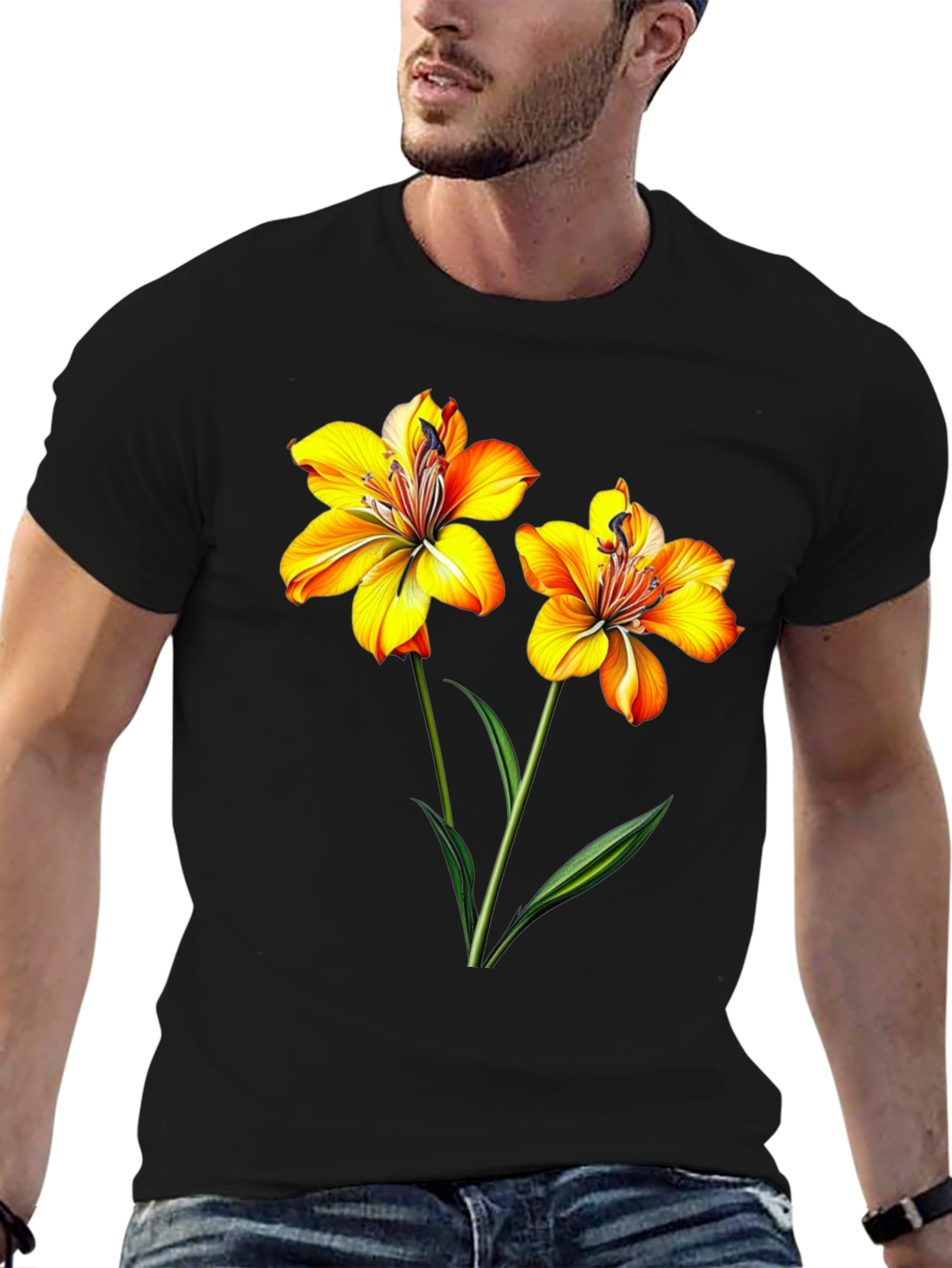 Black Floral Print Black T-Shirt for Men view 6