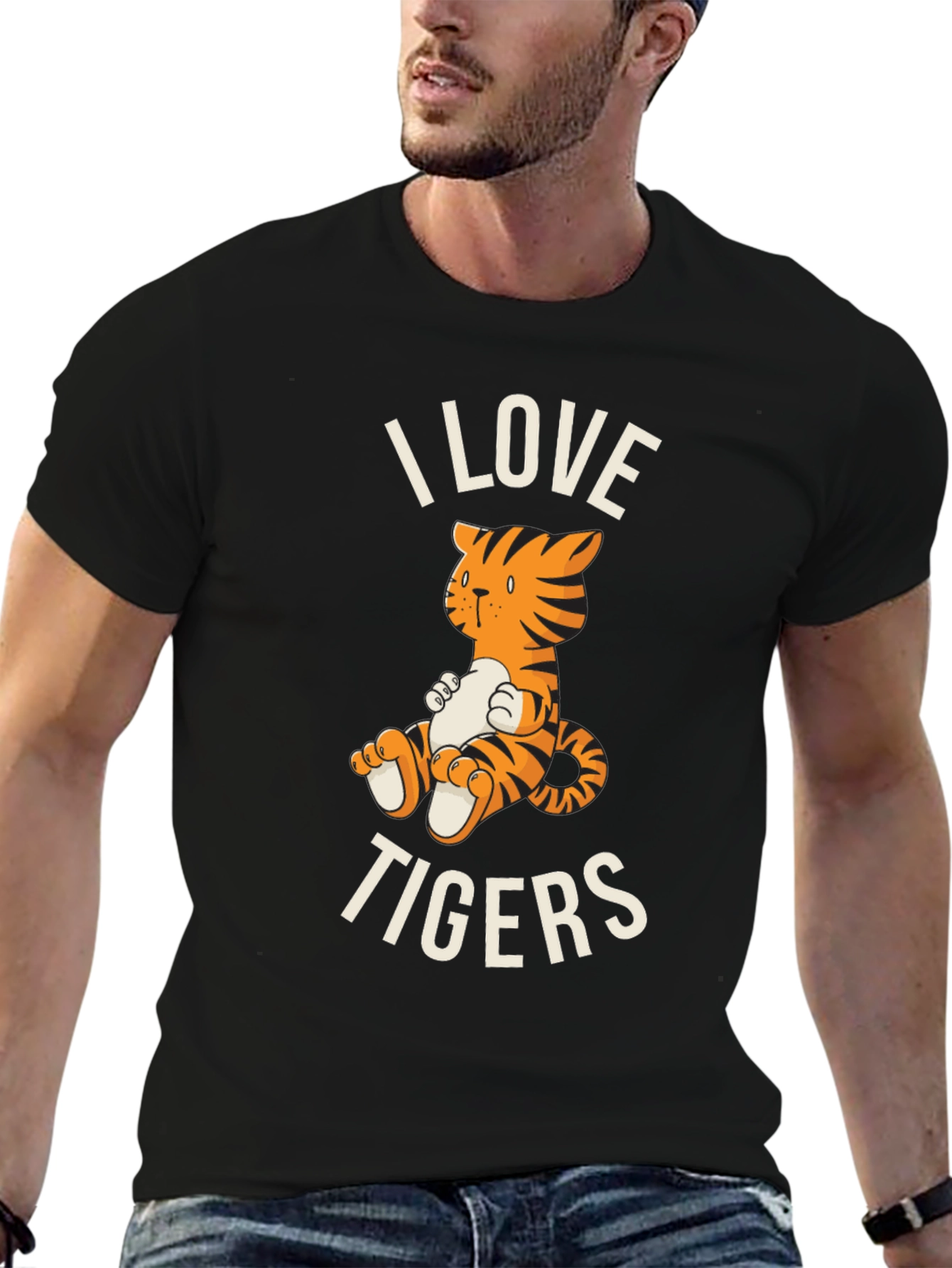 Black I Love Tigers Graphic Tee - Cute Cartoon Tiger T-Shirt view 6