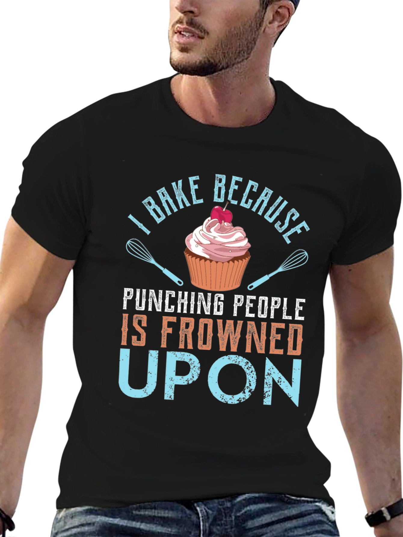 Black I Bake Because Punching People is Frowned Upon - Graphic T-Shirt view 6