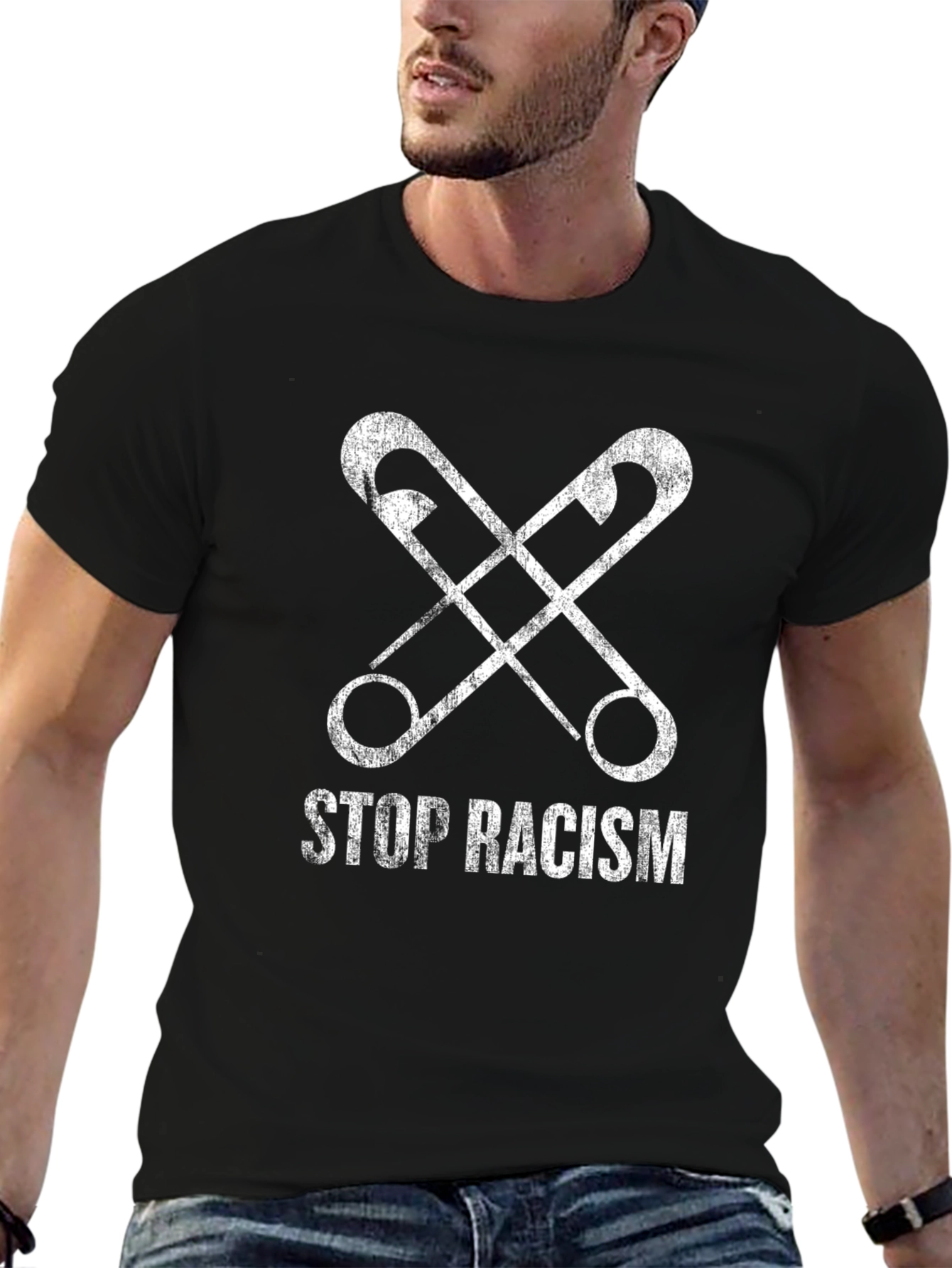 Black Stop Racism Safety Pin Graphic T-Shirt view 6
