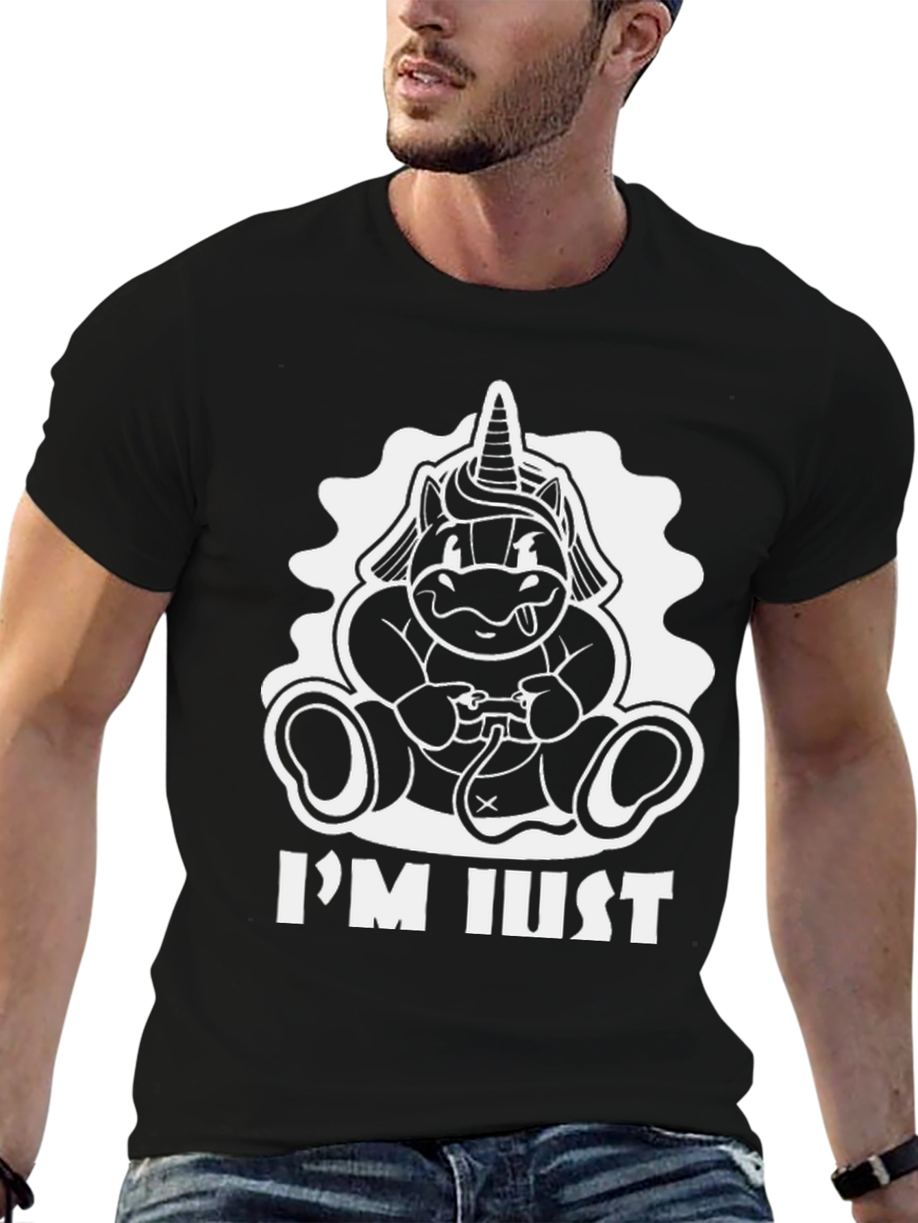 Black Unicorn Gamer Black T-Shirt - "I'm Just" view 6