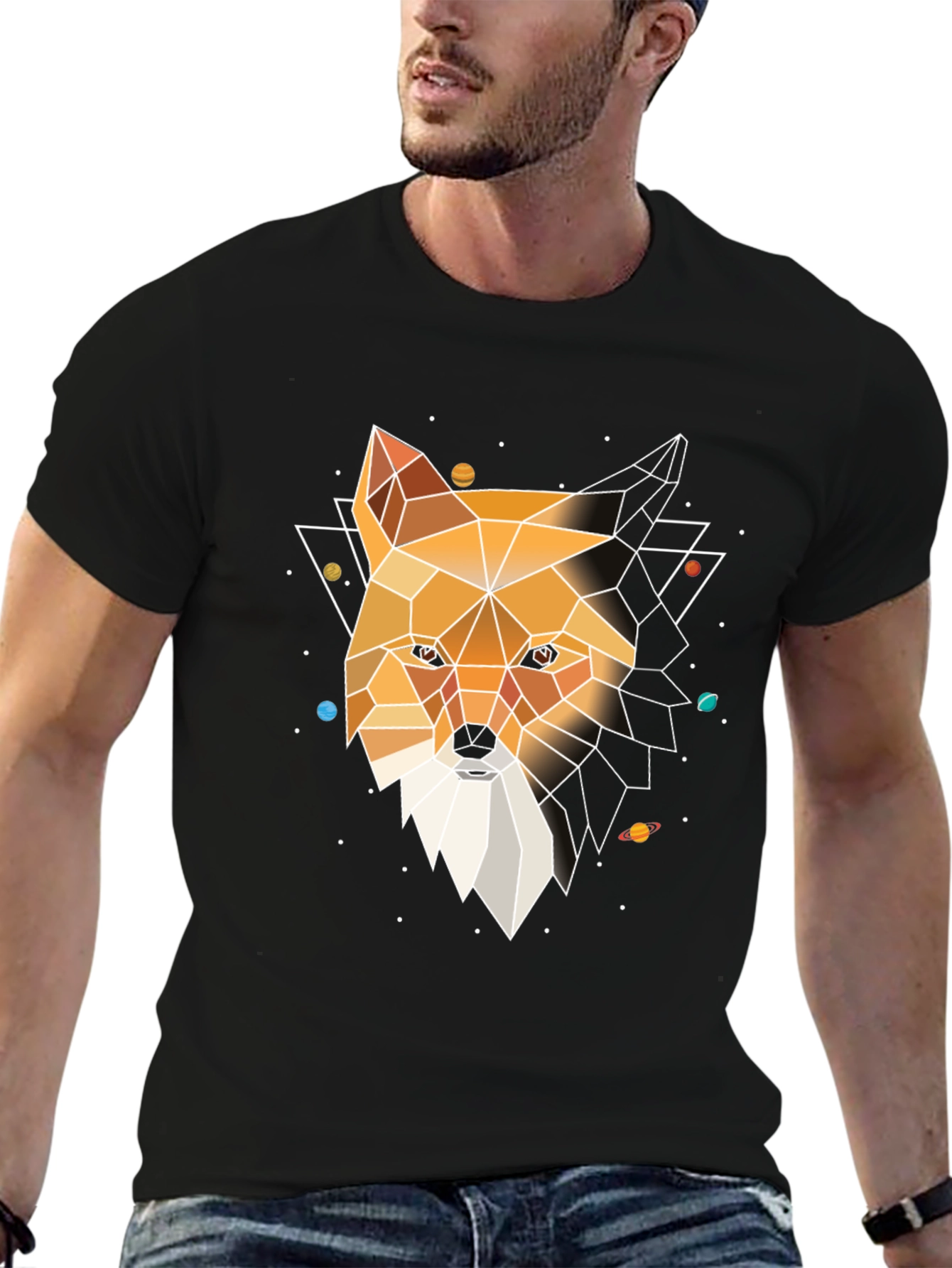 Black Geometric Fox Head Graphic Tee - Modern Black T-Shirt view 6