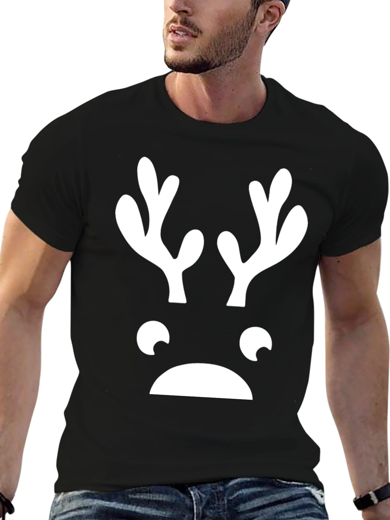 Black Funny Reindeer Face Graphic Tee - Black T-Shirt view 6