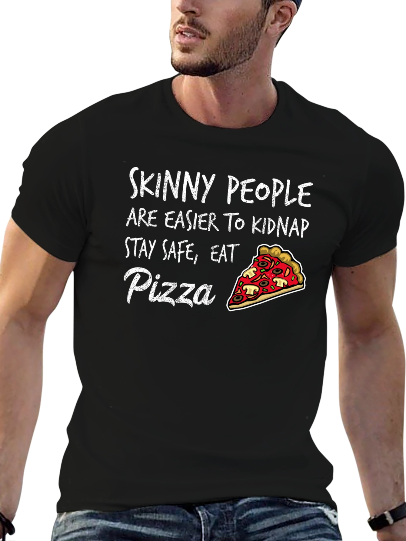 Black Skinny People Pizza Graphic Tee - Eat Pizza Stay Safe T-Shirt view 6