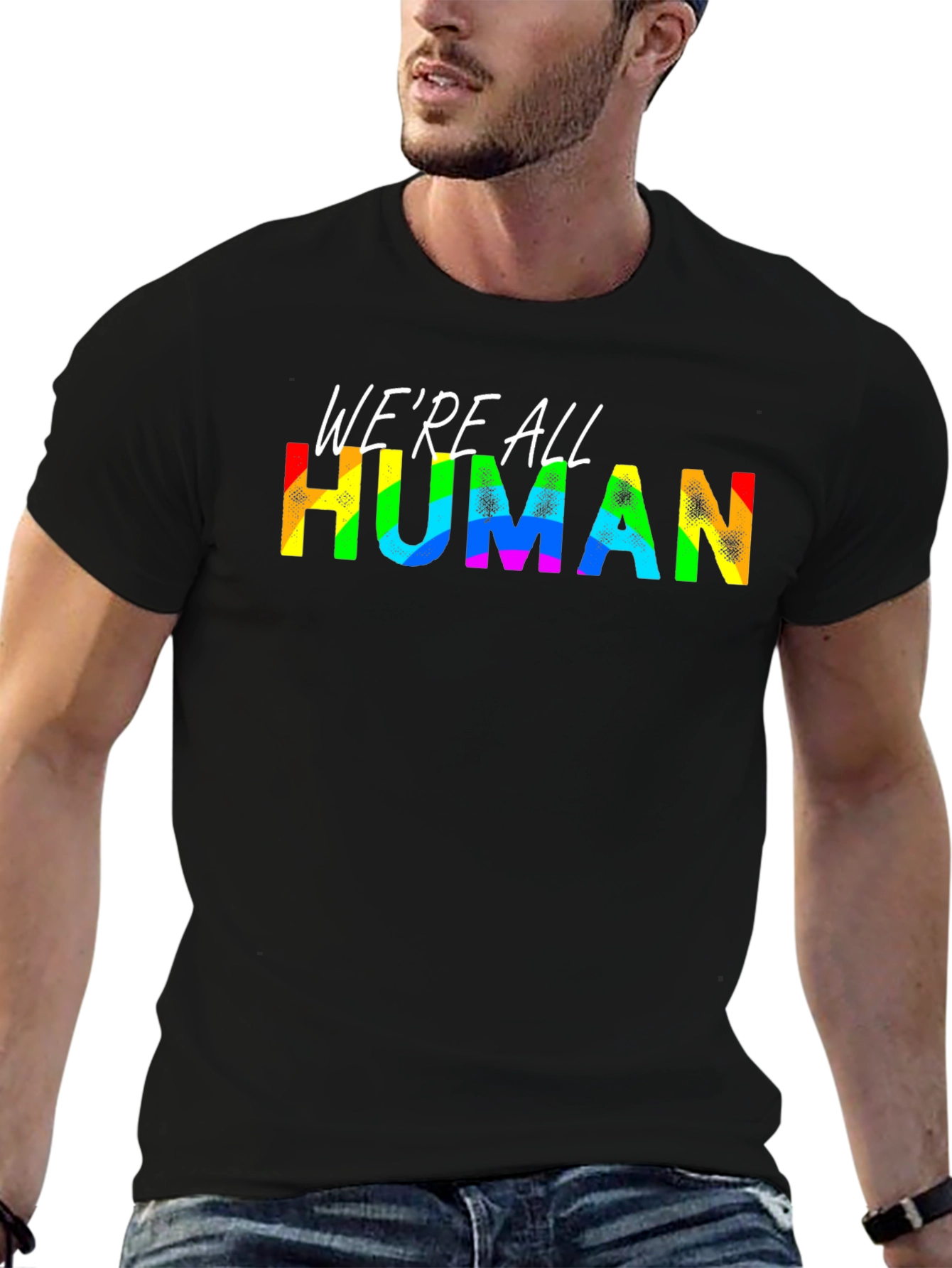 Black We're All Human Pride T-Shirt - Rainbow Text view 6