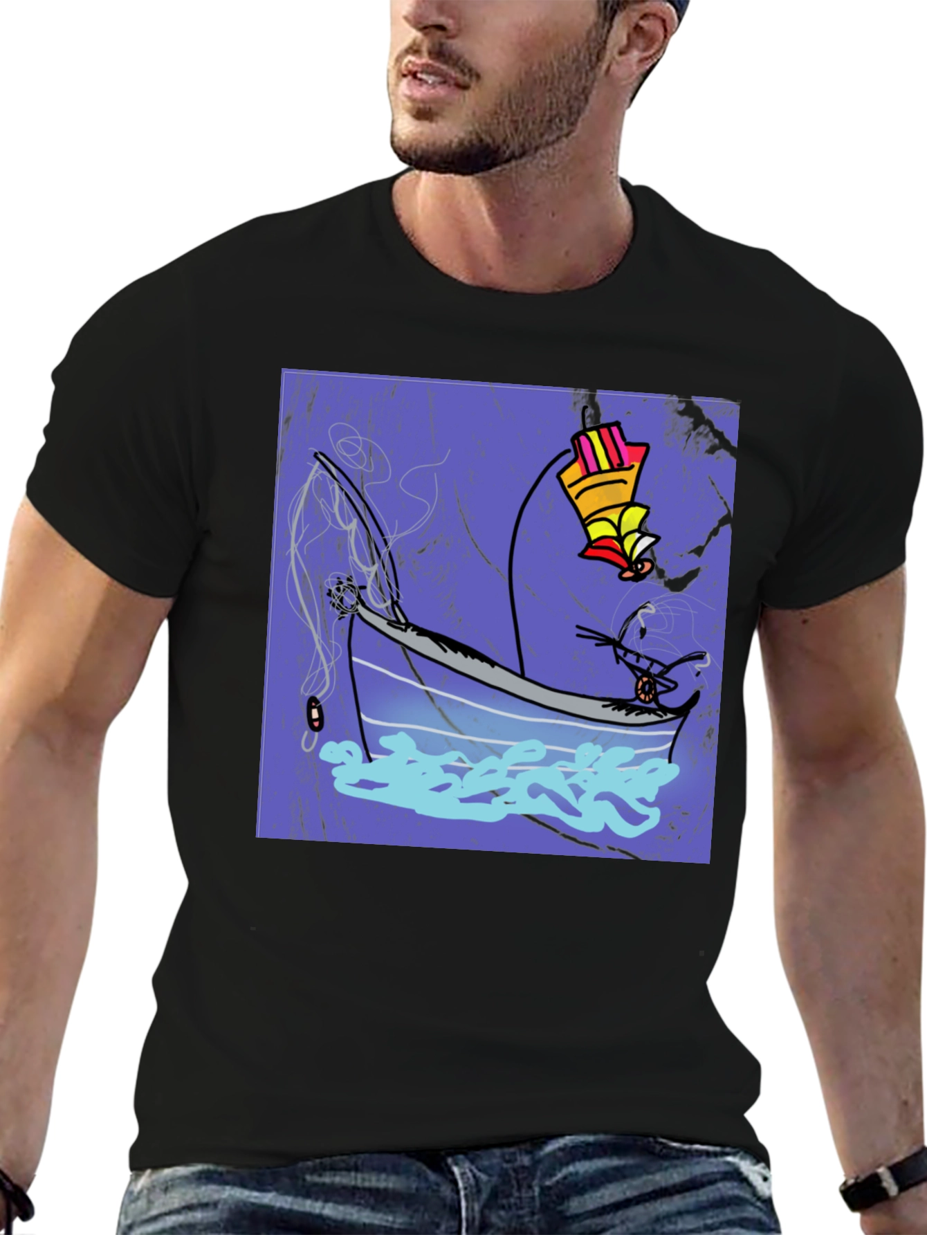 Black Fishing Boat Graphic Tee - Cool Artistic Design view 6