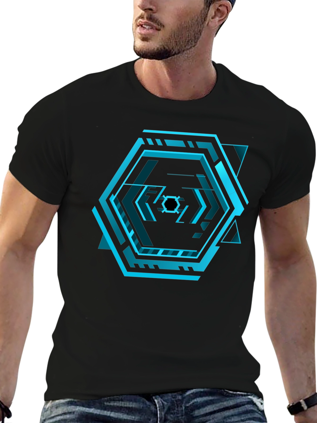 Black Cyberpunk Hexagon Black T-Shirt - Futuristic Design view 6