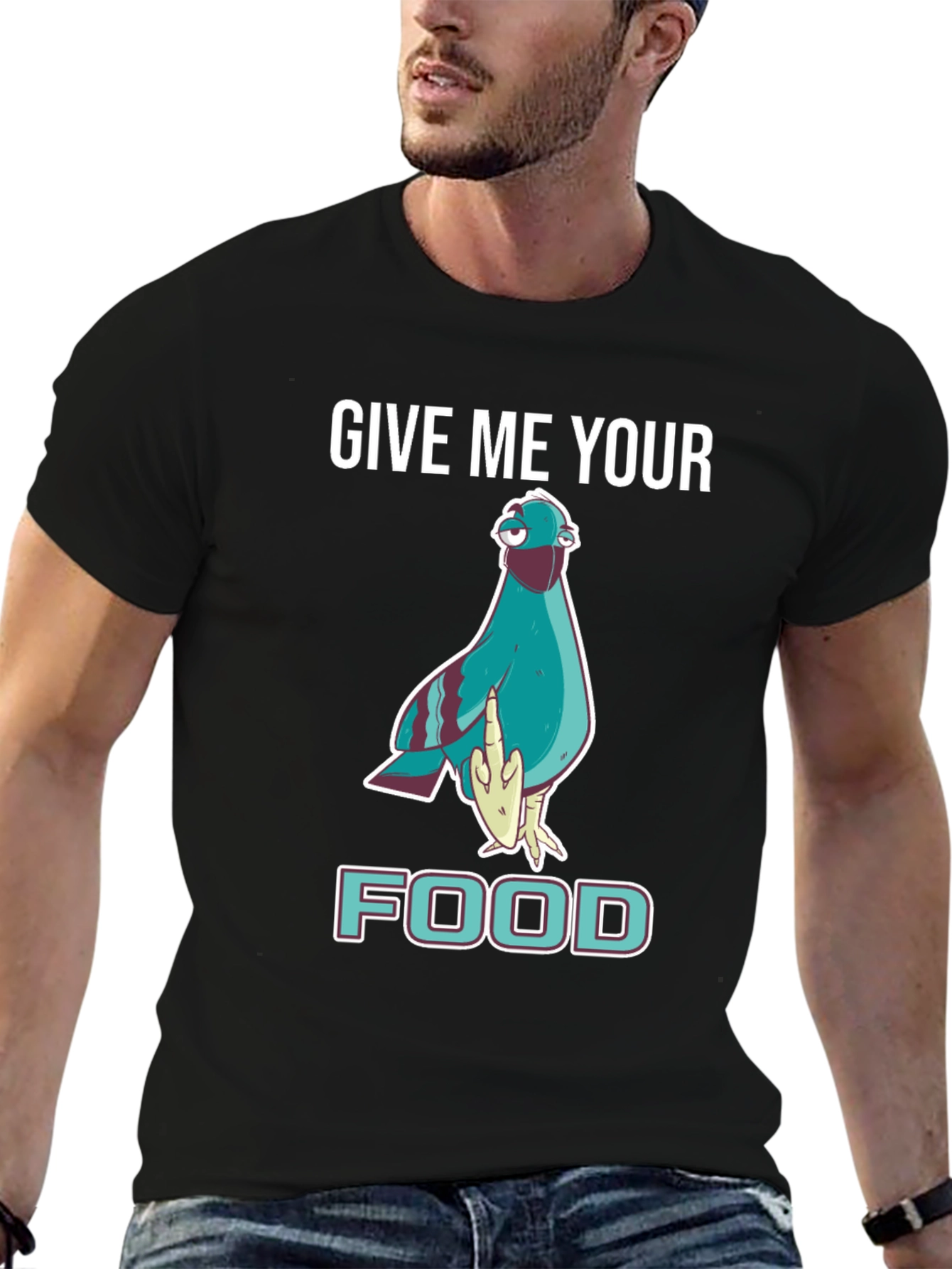 Black Give Me Your Food Pigeon T-Shirt view 6