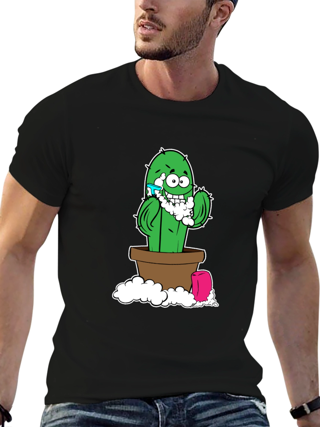 Black Funny Shaving Cactus Black T-Shirt view 6