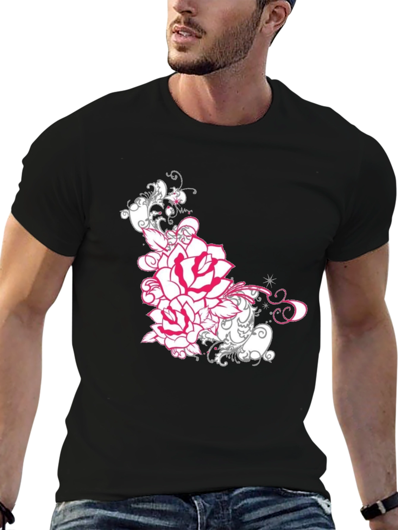 Black Floral Rose Graphic Tee - Black Cotton T-Shirt view 6