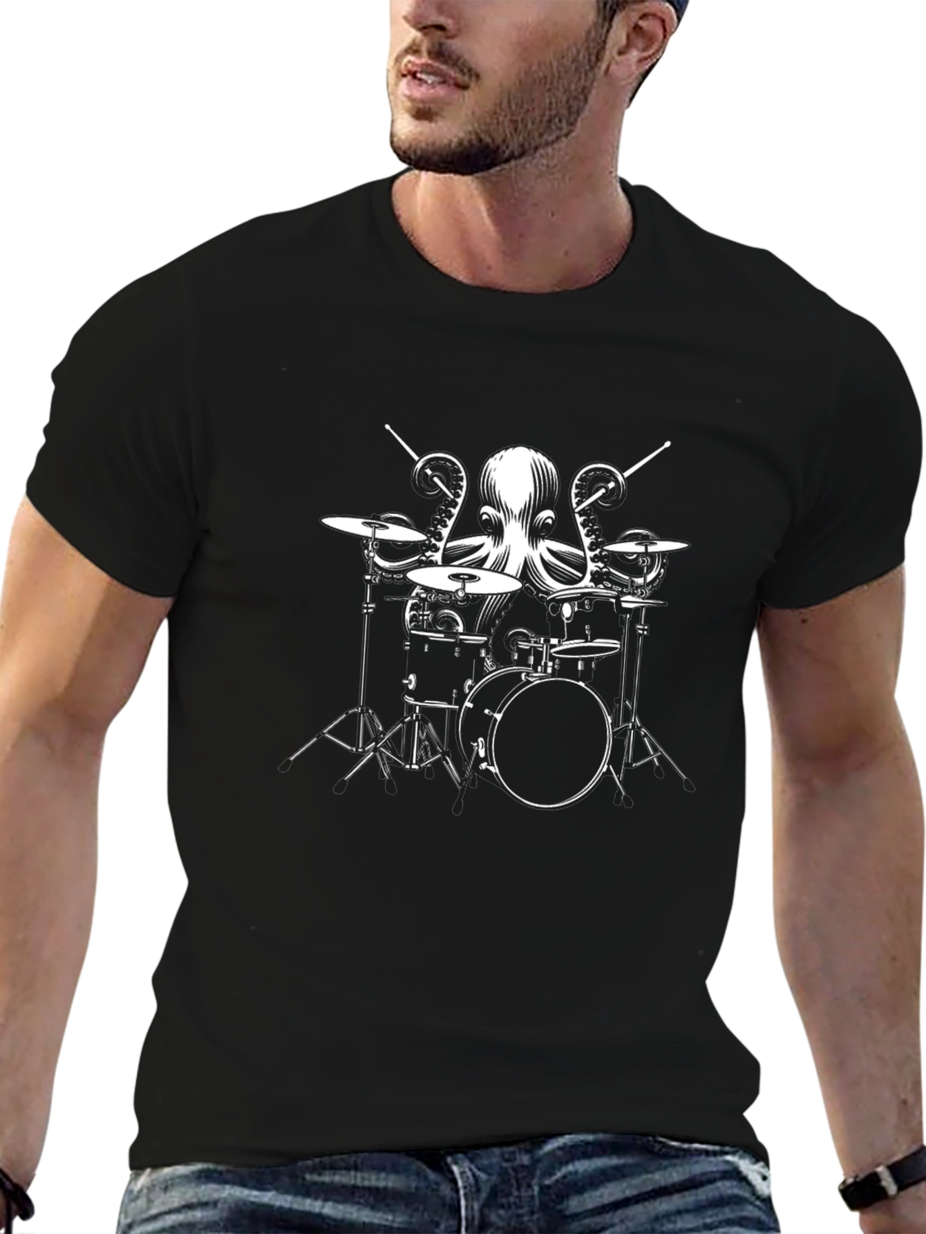 Black Drummer Octopus T-Shirt - Black Cotton Tee view 6