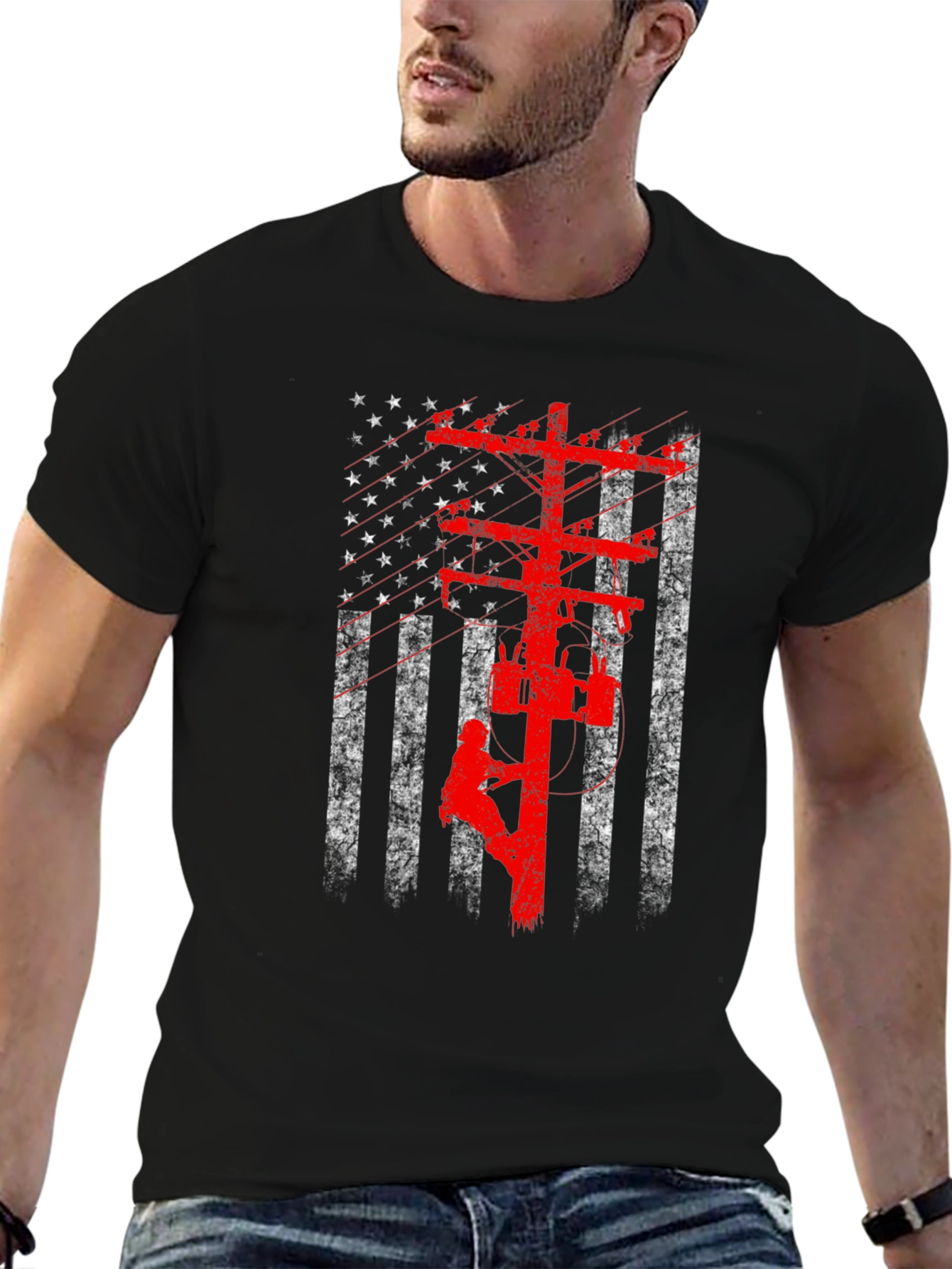 Black American Lineman Flag Graphic T-Shirt view 6