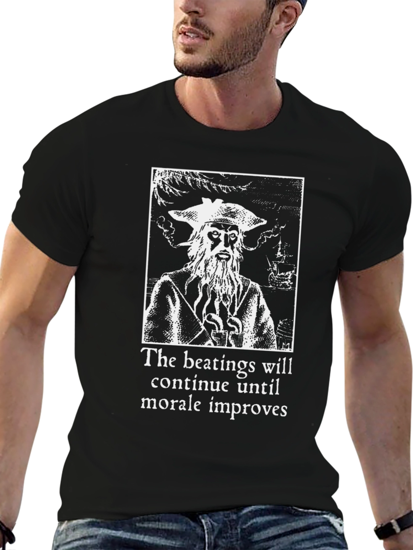 Black Humorous Pirate T-Shirt: 'The Beatings Will Continue' view 6