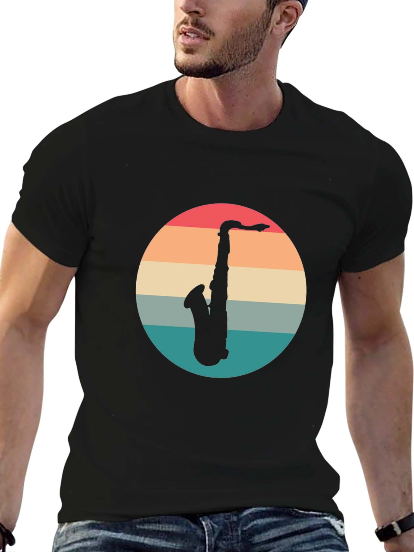 Black Retro Saxophone T-Shirt - Vintage Style Music Tee view 6