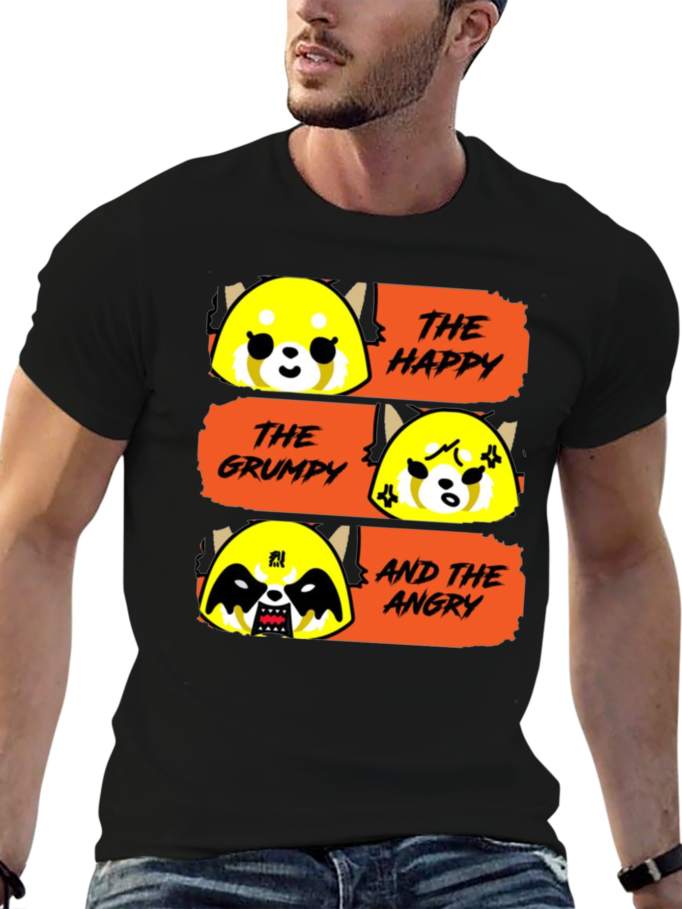 Black Aggretsuko Moods T-Shirt - Happy, Grumpy, Angry Red Panda view 6