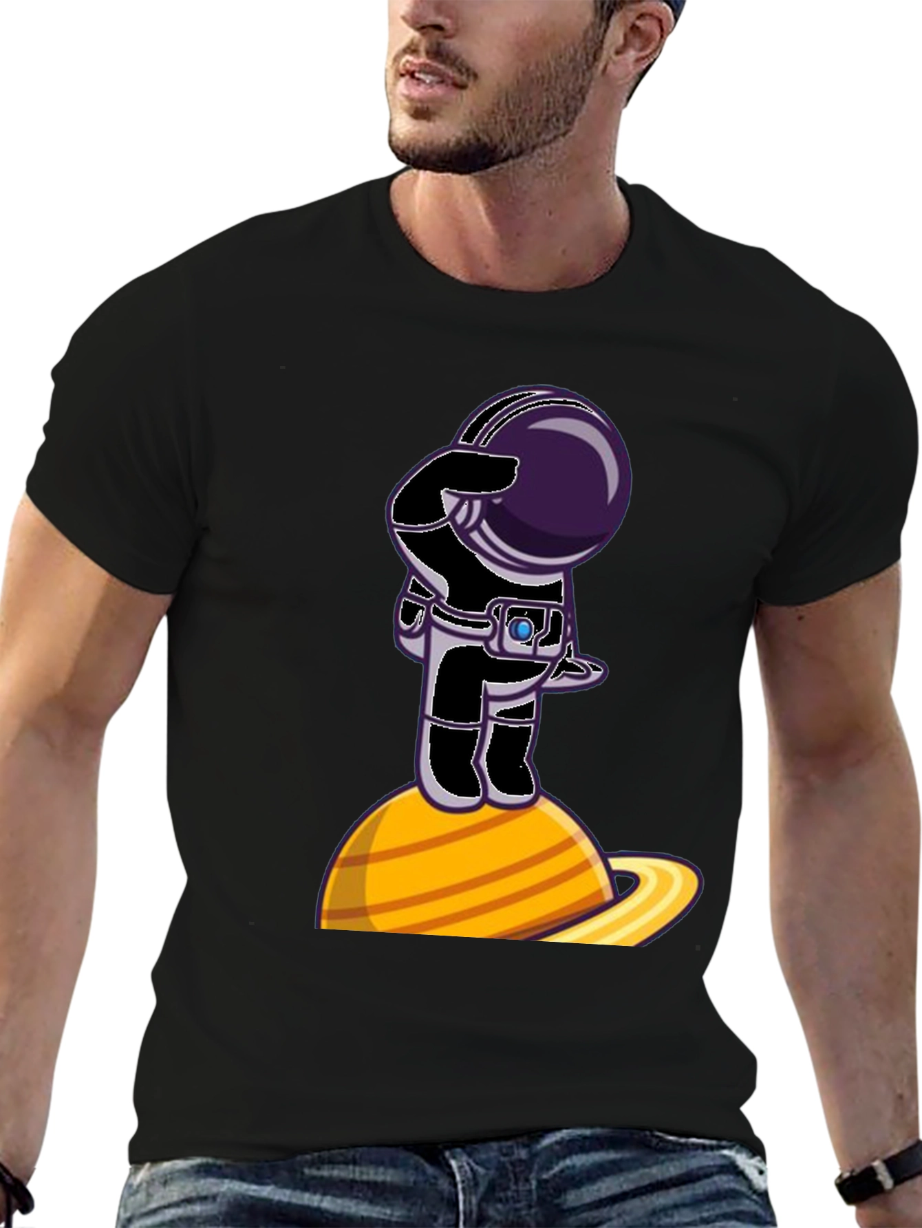 Black Astronaut on Saturn Graphic T-Shirt - Space Explorer view 6