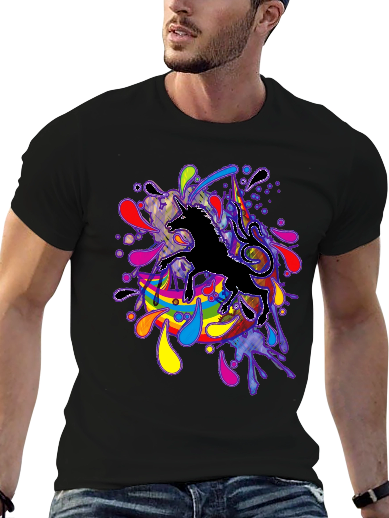 Black Unicorn Rainbow Splash T-Shirt - Black view 6