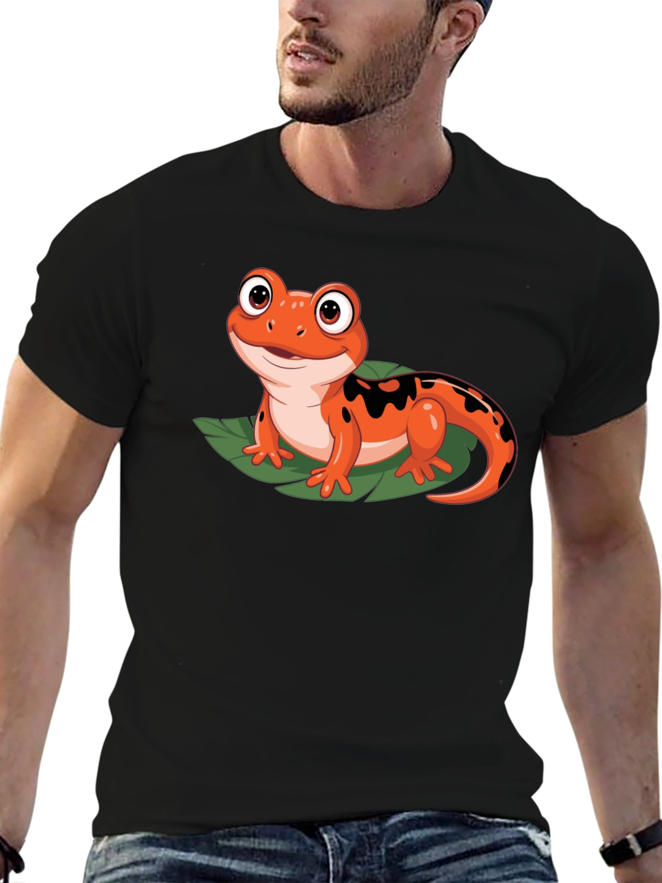 Black Cute Cartoon Salamander Graphic Black T-Shirt view 6