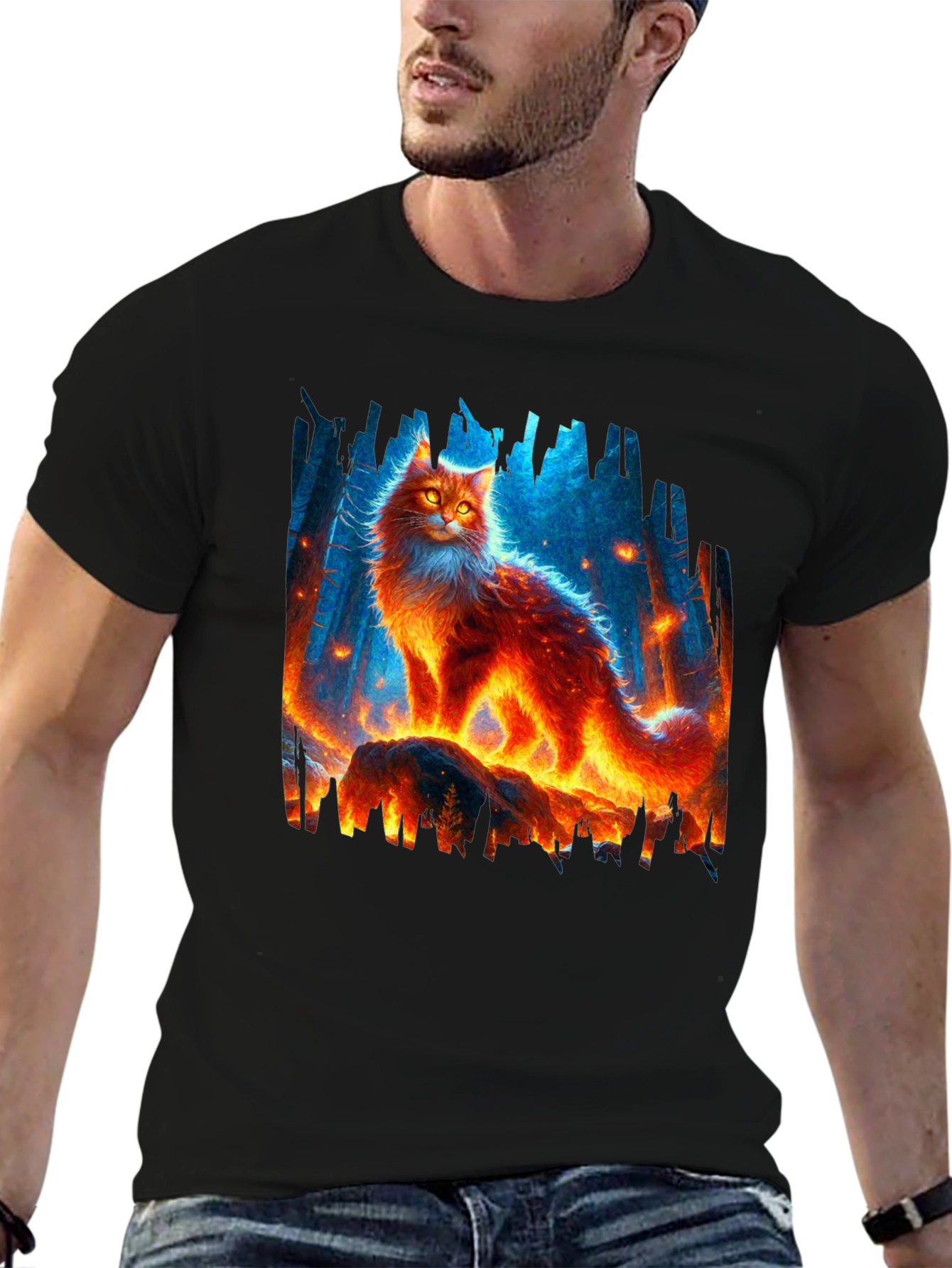 Black Fiery Cat Graphic Tee - Unique Design view 6