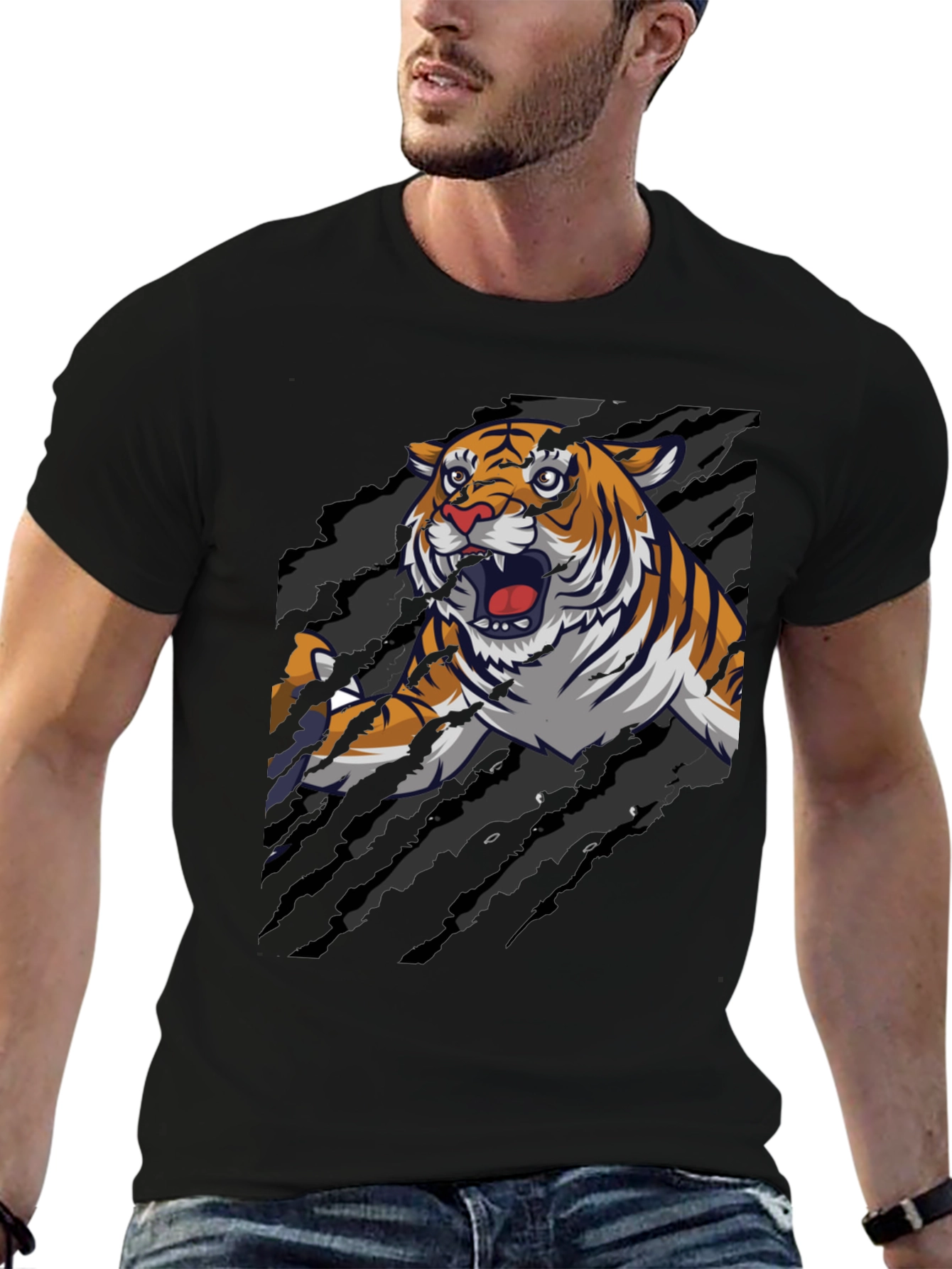 Black Roaring Tiger Graphic Print T-Shirt view 6