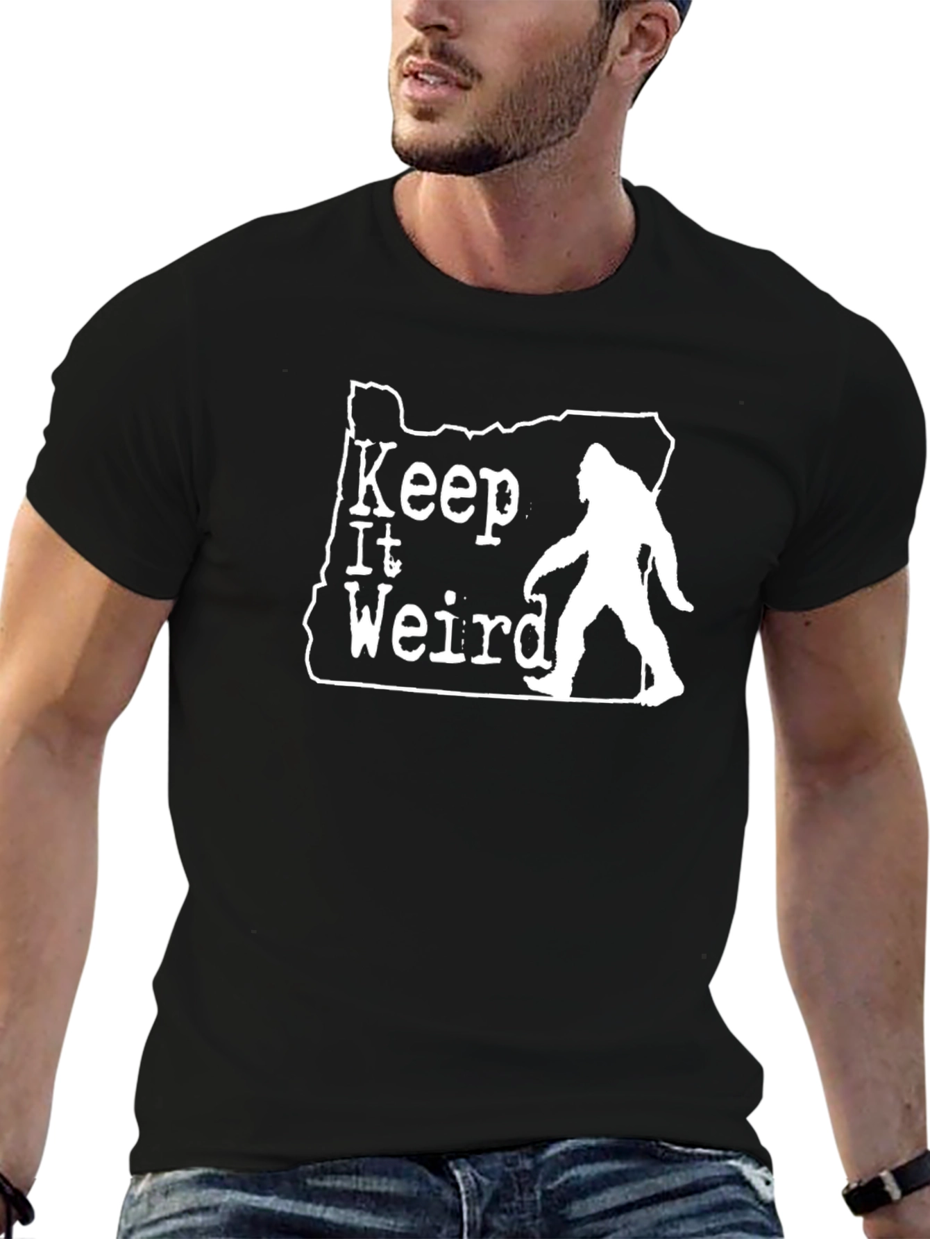 Black Keep It Weird Oregon Bigfoot T-Shirt view 6