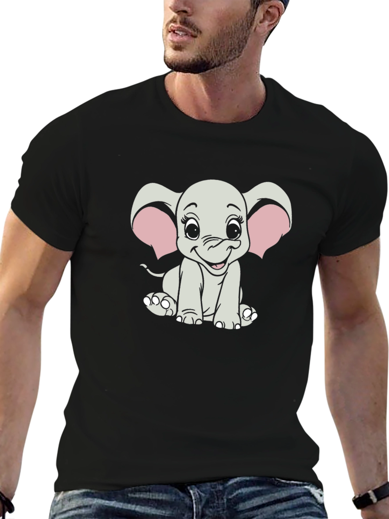 Black Cute Cartoon Elephant Graphic Tee - Unisex Black T-Shirt view 6