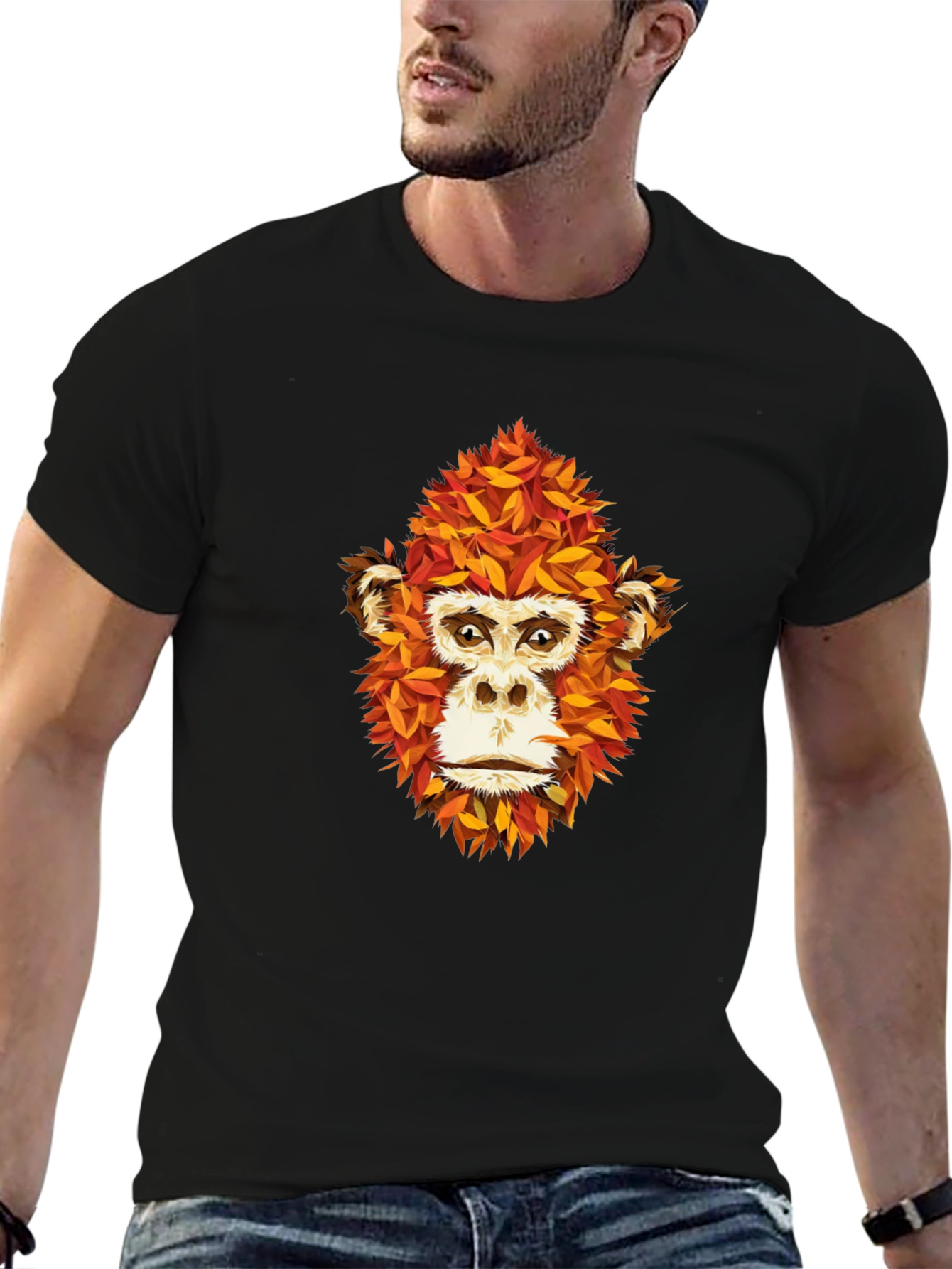 Black Unique Monkey Face Leaf Design Black T-Shirt view 6