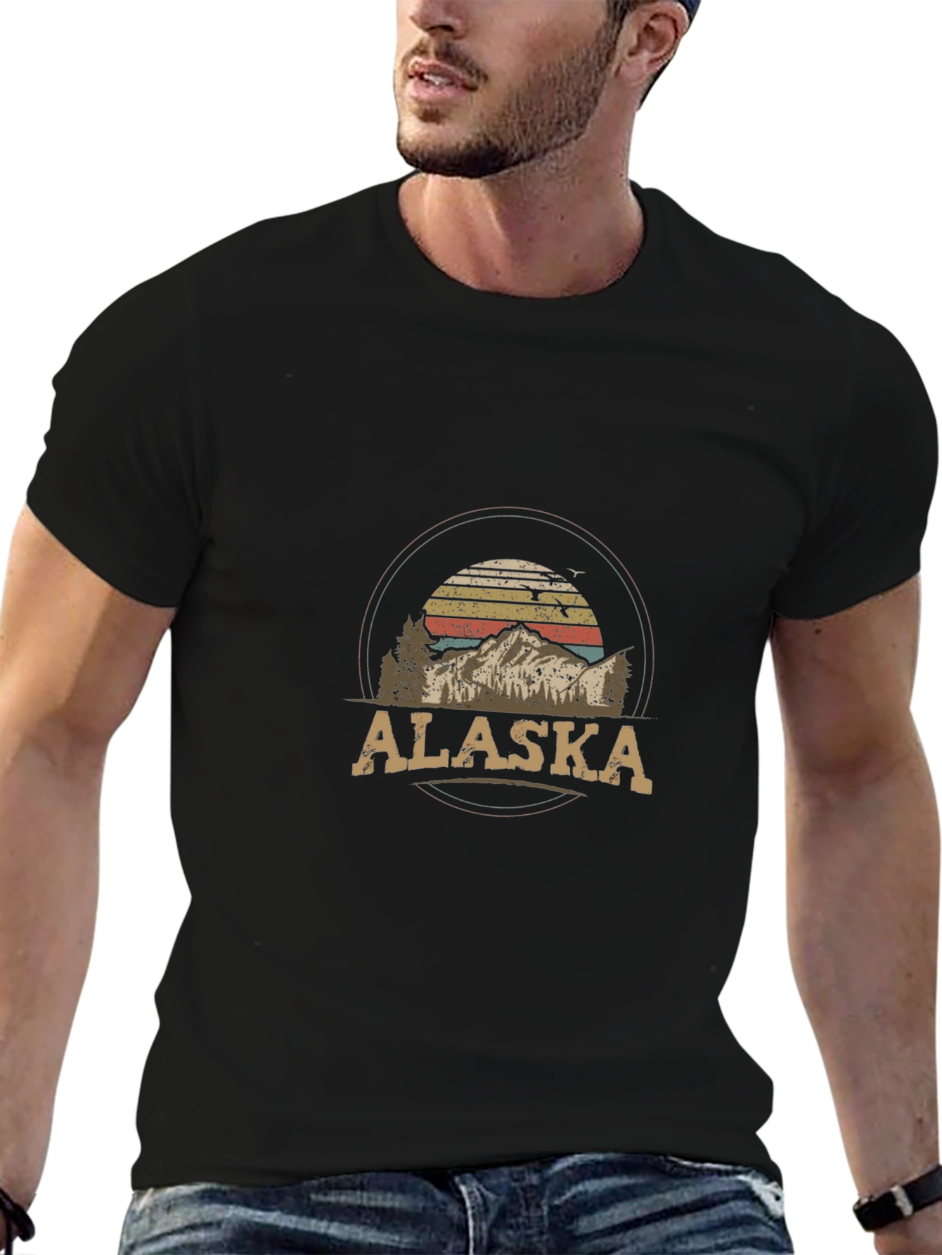 Black Alaska Mountain Graphic Tee - Retro Style T-Shirt view 6
