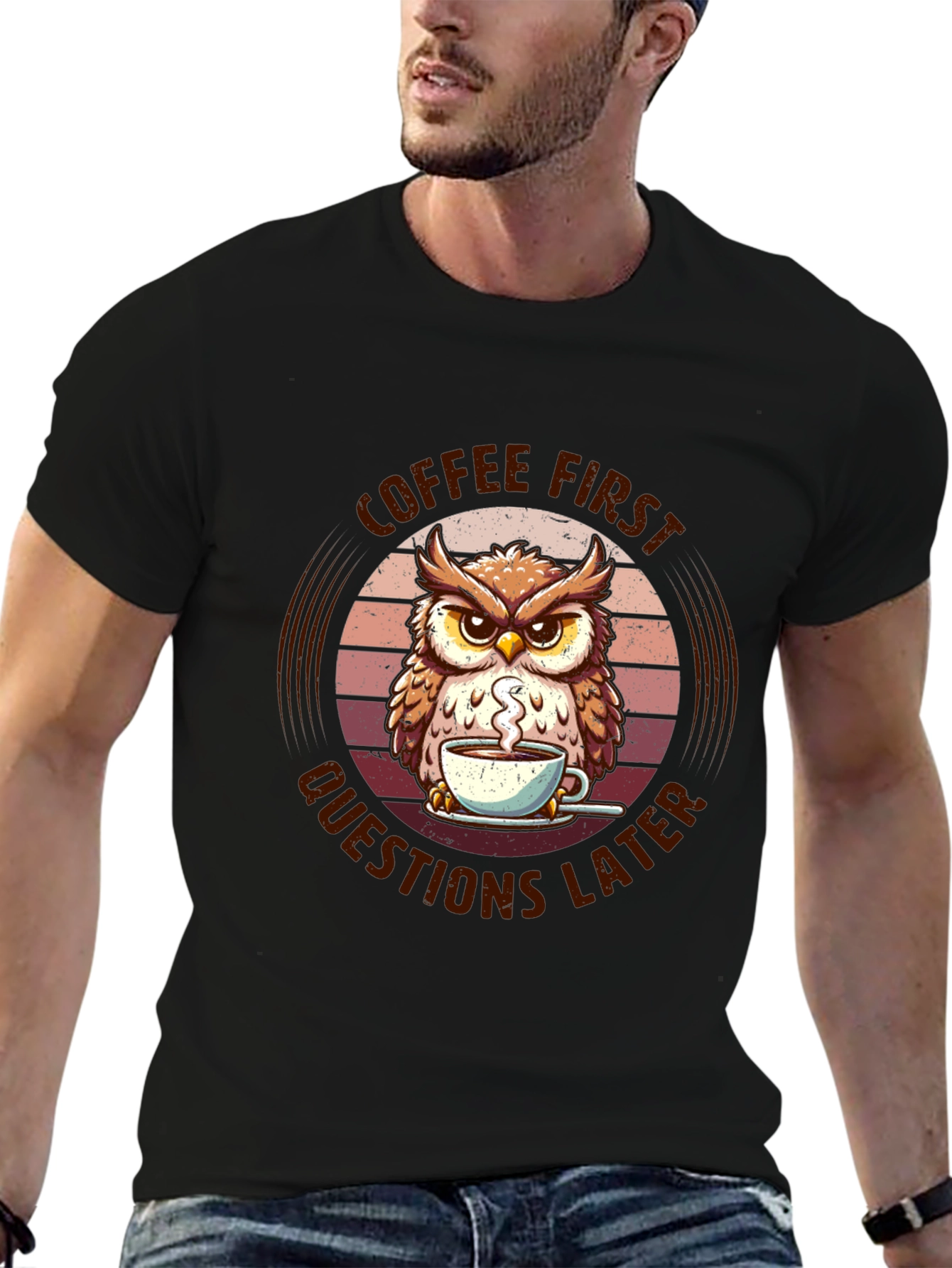 Black Coffee First Owl T-Shirt - Unisex Graphic Tee view 6