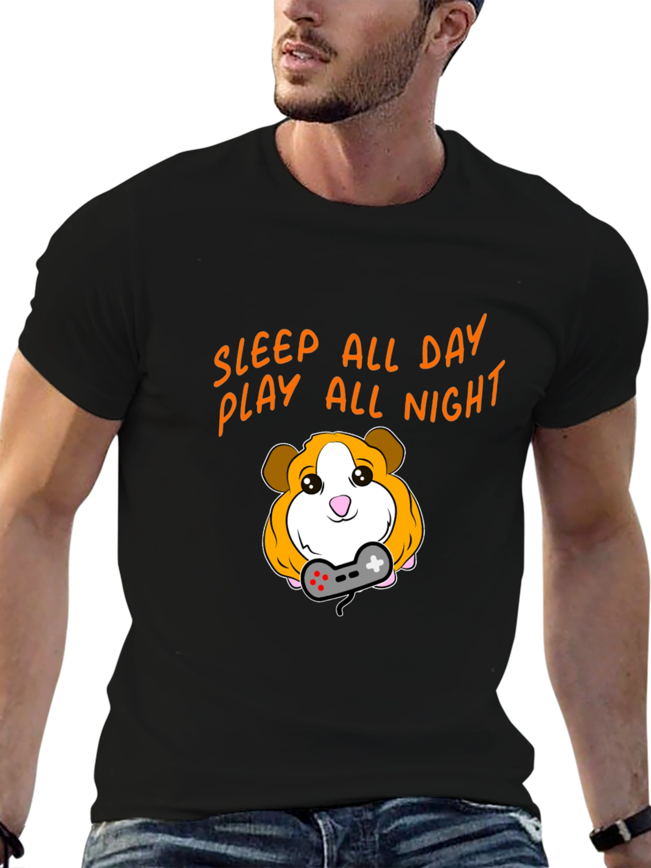 Black Sleep All Day Play All Night Gaming Guinea Pig T-Shirt view 6