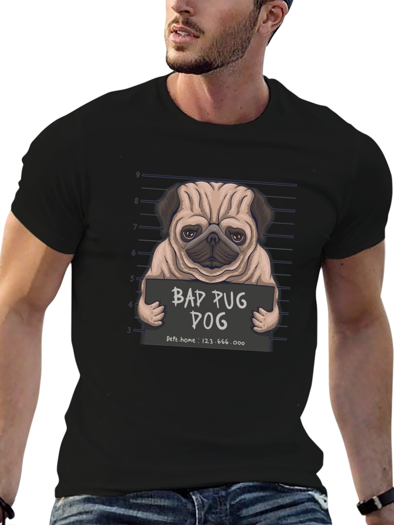 Black Bad Pug Dog T-Shirt - Funny Mugshot Design view 6
