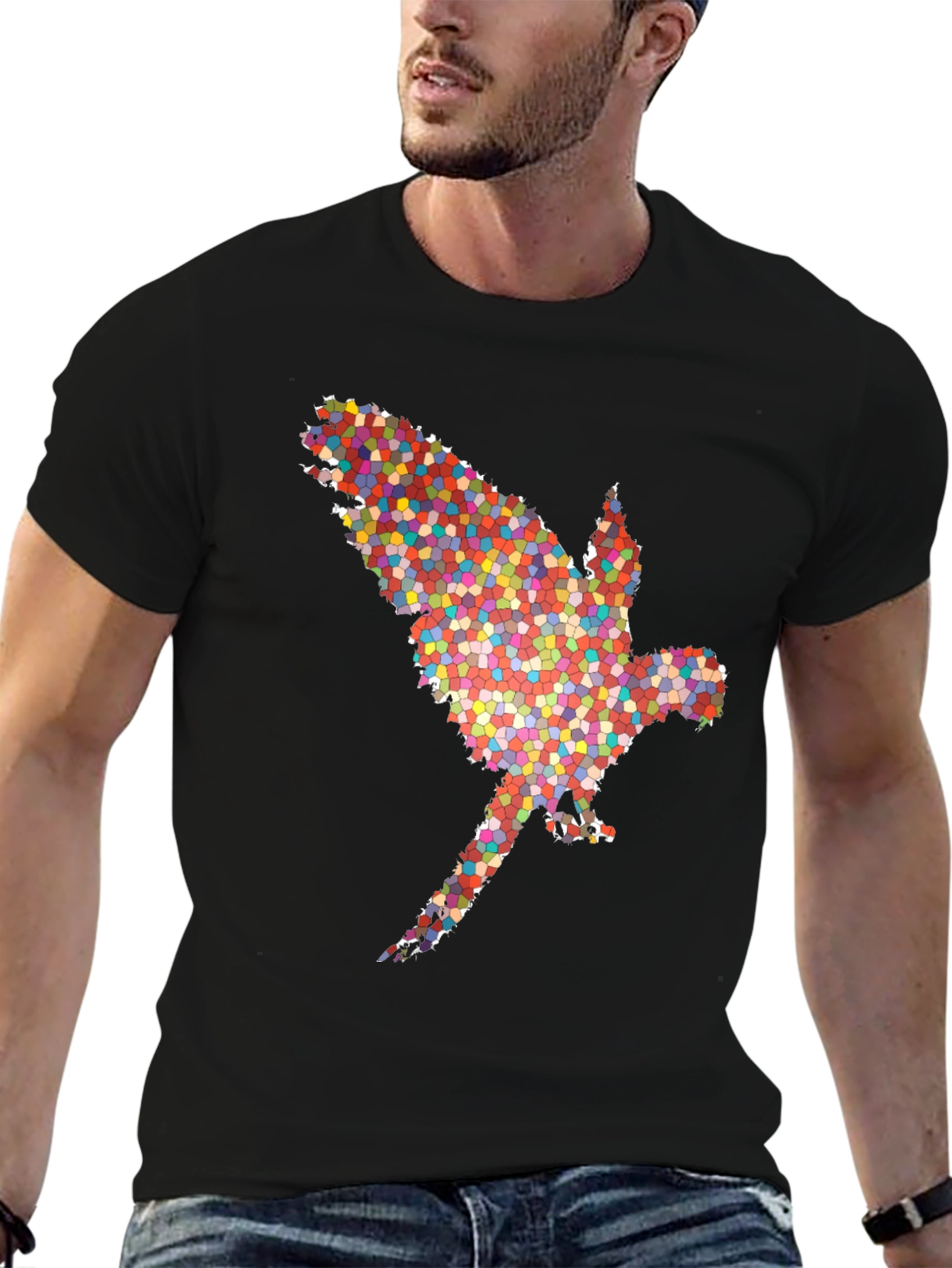 Black Abstract Parrot Graphic Tee - Black Cotton T-Shirt view 6